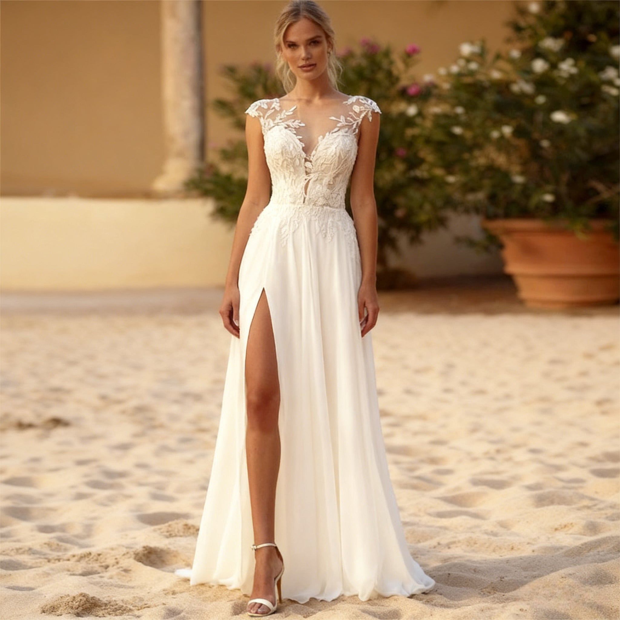 A-Linien Brautkleid in Elfenbein Elegantes Hochzeitskleid mit floralem Spitzenoberteil und verführerischem Beinschlitz