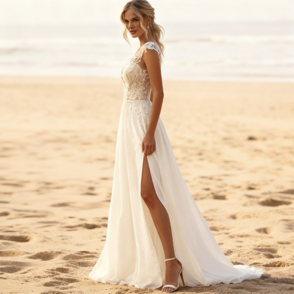 A-Linien Brautkleid in Elfenbein Elegantes Hochzeitskleid mit floralem Spitzenoberteil und verführerischem Beinschlitz