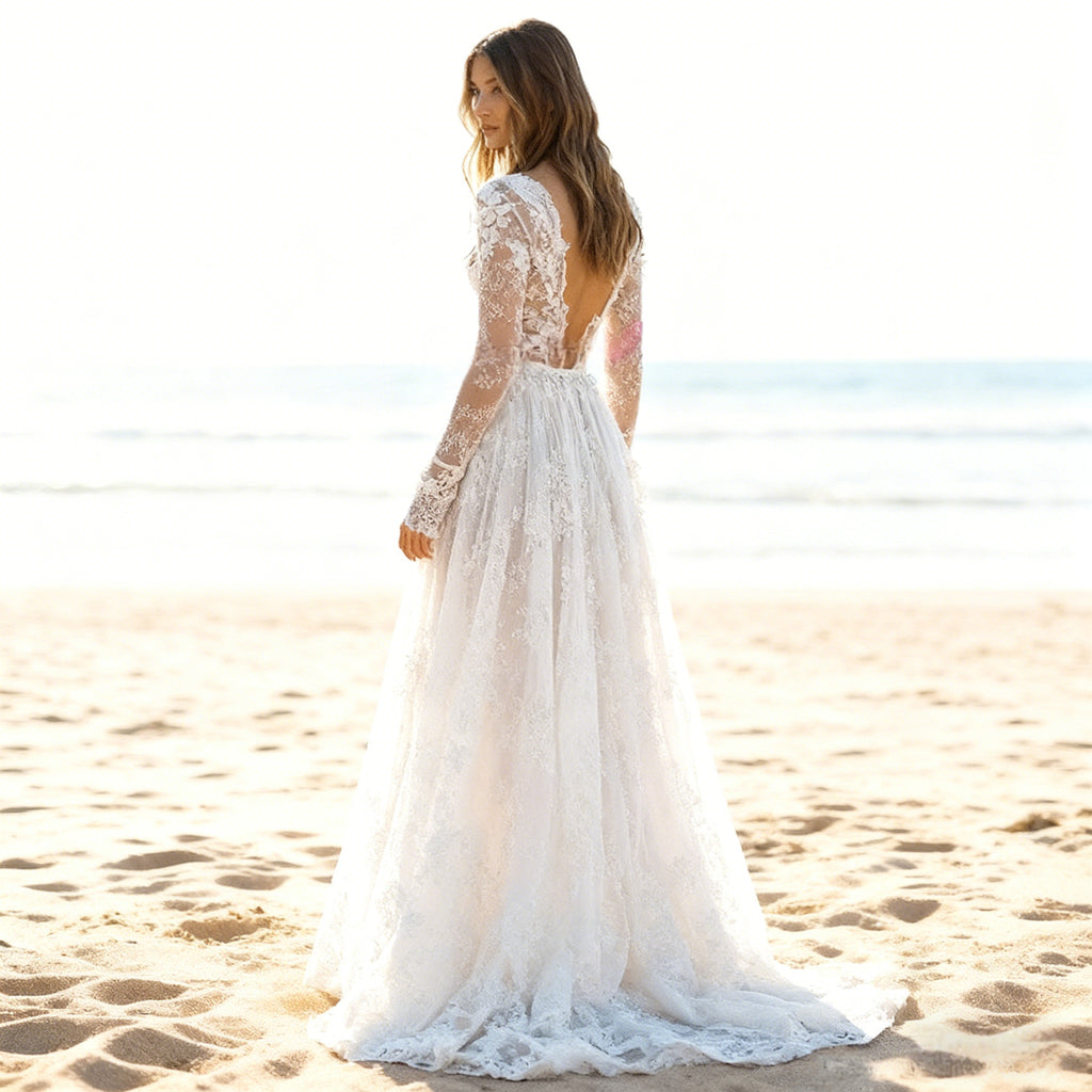 Boho A-Linie Brautkleid mit Spitze Halterneck Hochzeitskleid mit Beinschlitz tiefem V-Ausschnitt für Strandhochzeit