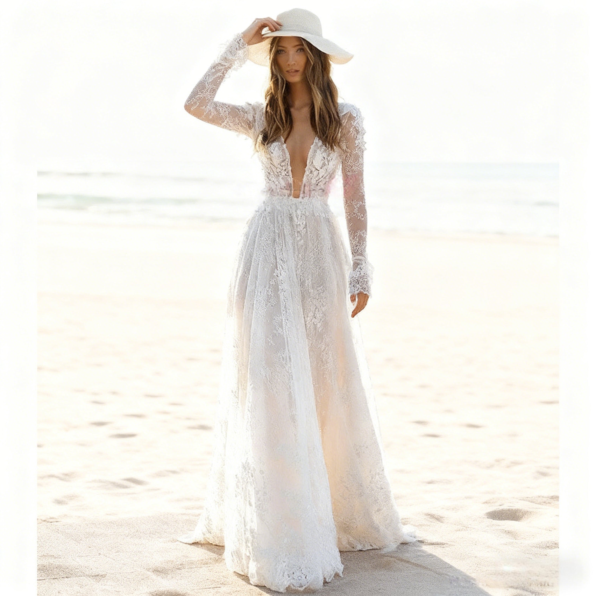 Boho A-Linie Brautkleid mit Spitze Halterneck Hochzeitskleid mit Beinschlitz tiefem V-Ausschnitt für Strandhochzeit