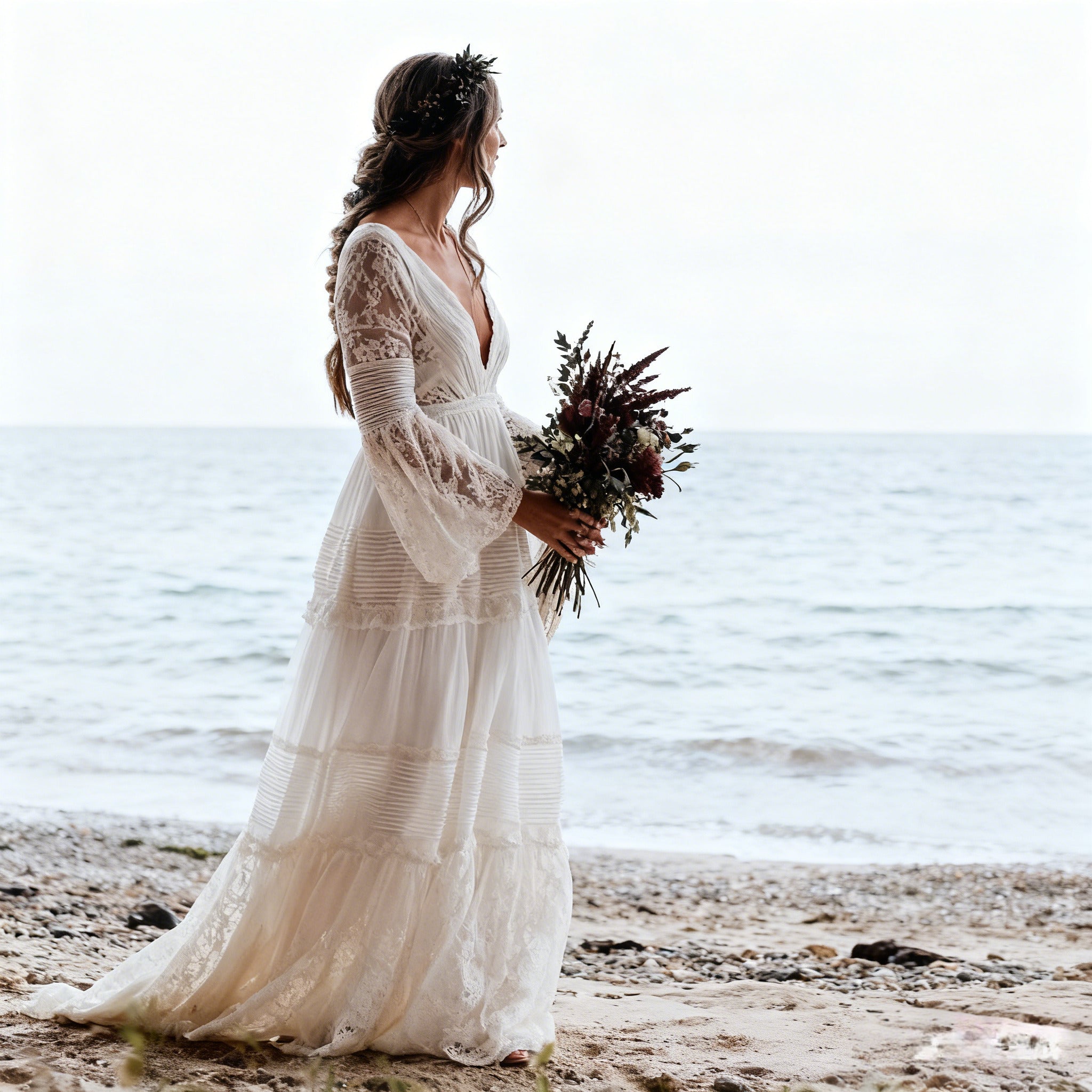 Boho Brautkleider A-Linie Brautkleid mit Spitze Langarm Hochzeitskleid mit tiefem V-Ausschnitt Tüllrock Strandhochzeit 2-26W