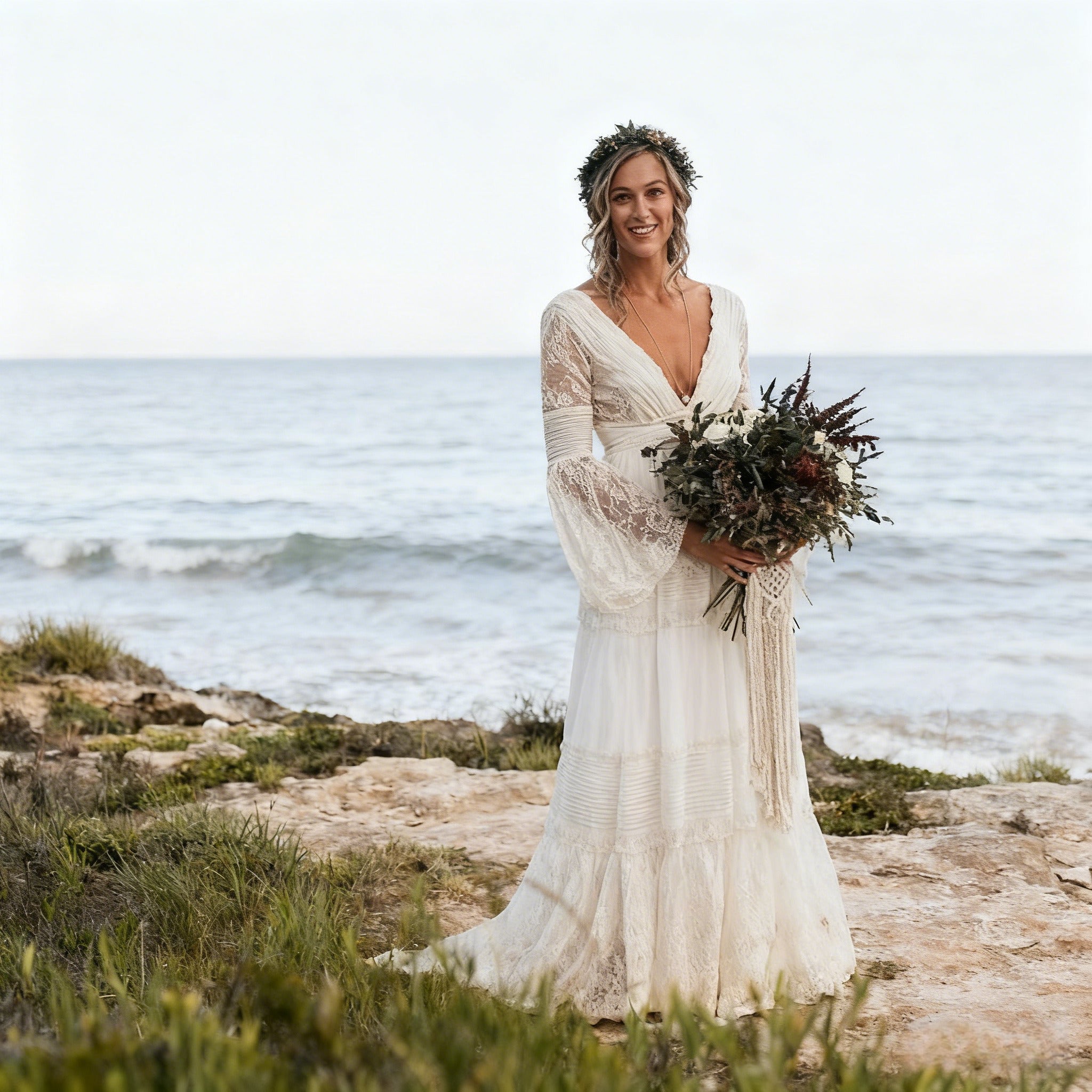 Boho Brautkleider A-Linie Brautkleid mit Spitze Langarm Hochzeitskleid mit tiefem V-Ausschnitt Tüllrock Strandhochzeit 2-26W