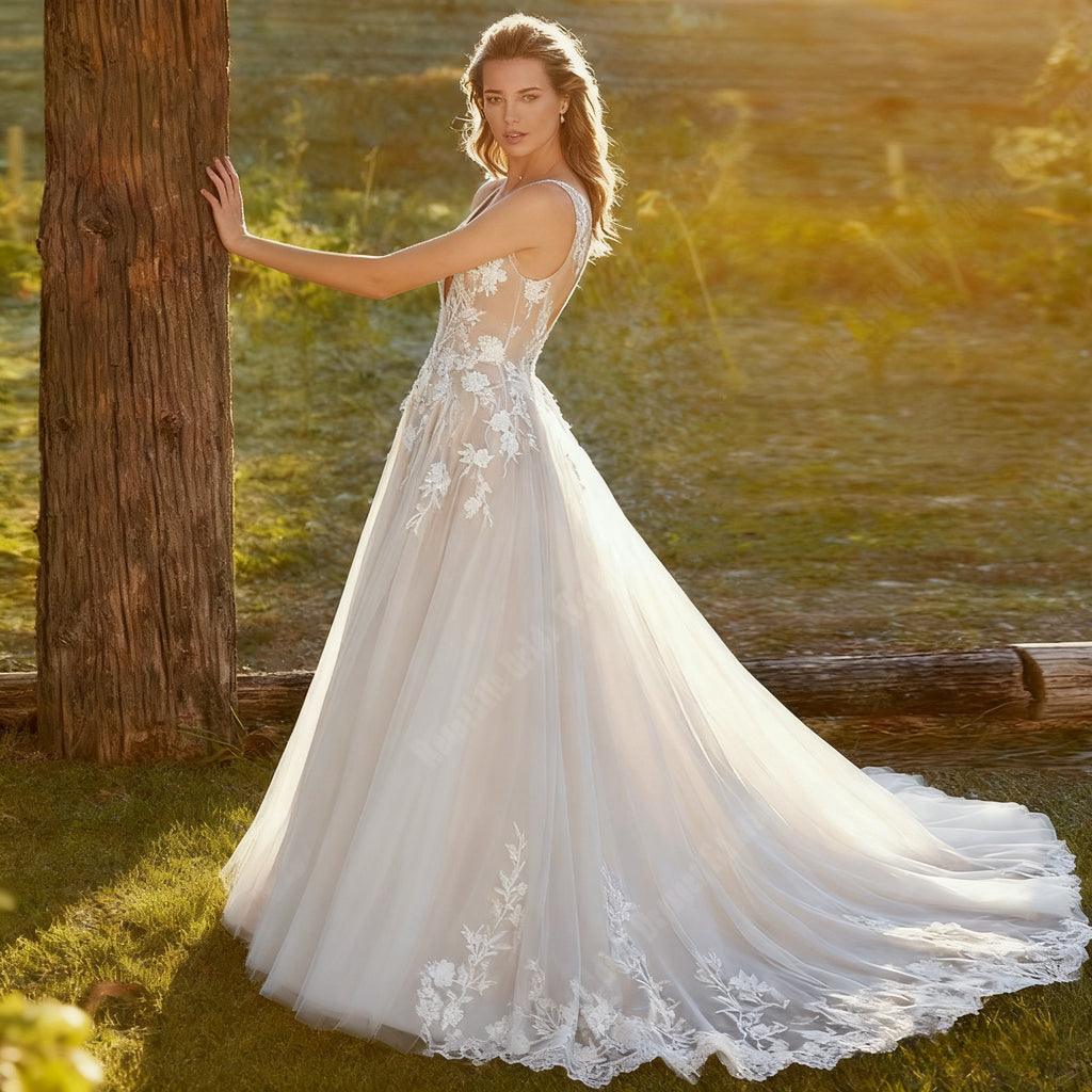 Boho A Linie Brautkleid mit floraler Spitze Hochzeitskleid mit tiefem V Ausschnitt Kapellen Schleppe für Strandhochzeit 2-26W