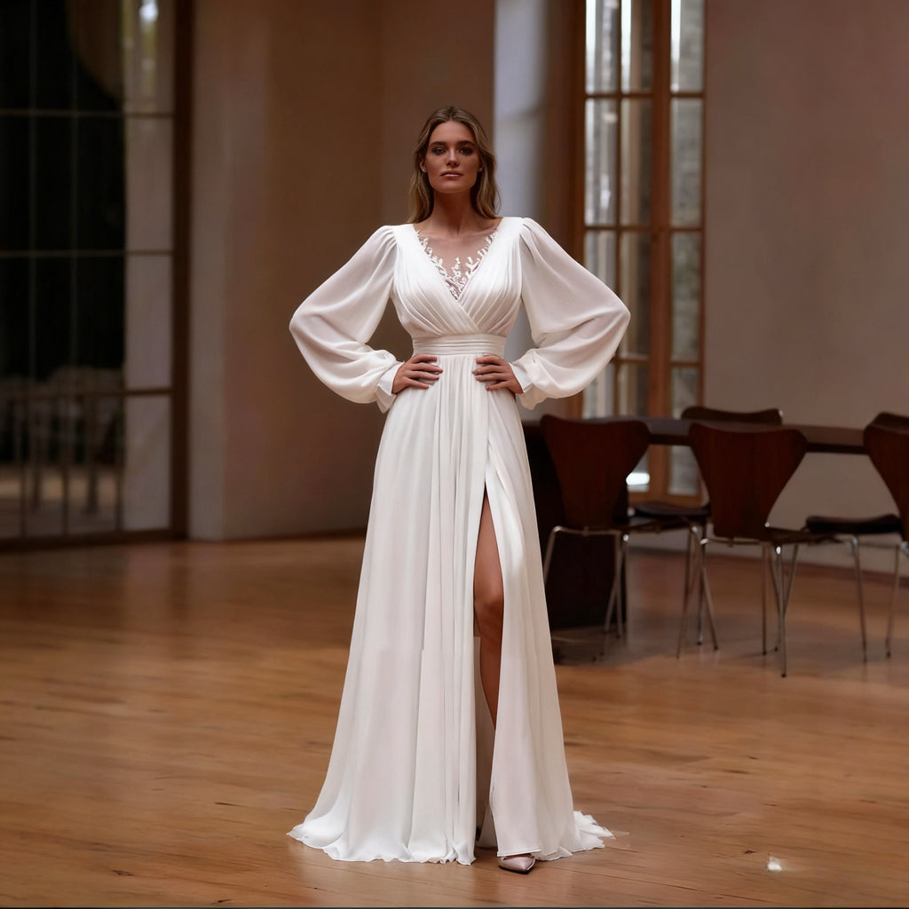 A Linie Brautkleid mit langen Bischofsärmeln Klassisches Hochzeitskleid mit V Ausschnitt und hohem Beinschlitz 2-26W