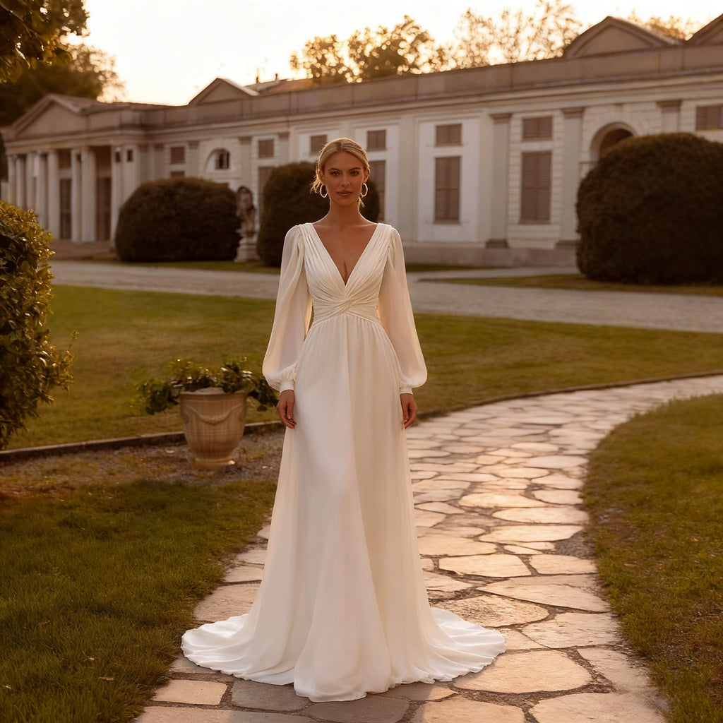 A Linie Brautkleid mit langen Bischofsärmeln Klassisches Hochzeitskleid mit V Ausschnitt und geraffter Taille 2-26W