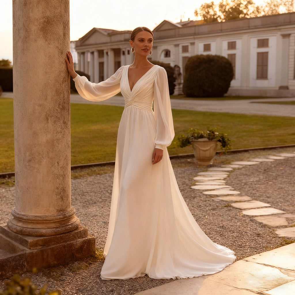 A Linie Brautkleid mit langen Bischofsärmeln Klassisches Hochzeitskleid mit V Ausschnitt und geraffter Taille 2-26W