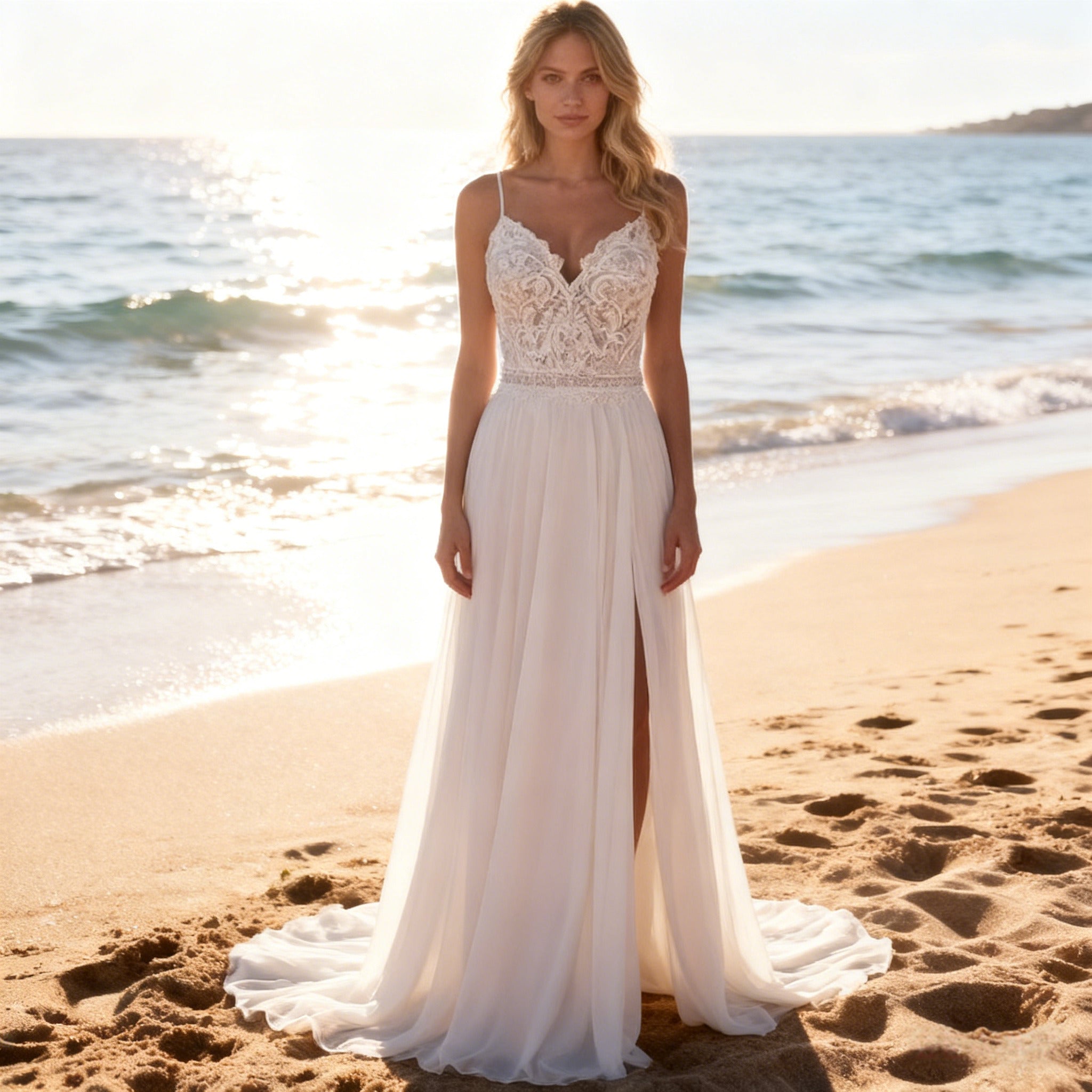 Boho A Linie Brautkleid mit Spitze Hochzeitskleid mit V Ausschnitt und hohem Beinschlitz für Strandhochzeit 2-26W