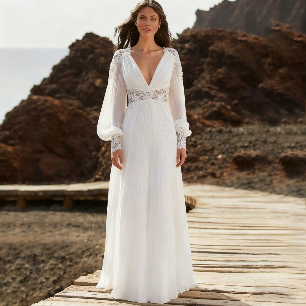 Boho A Linie Brautkleid mit Spitze Vintage Hochzeitskleid mit V Ausschnitt und langen Bischofsärmeln Strand Brautkleid 2-26W