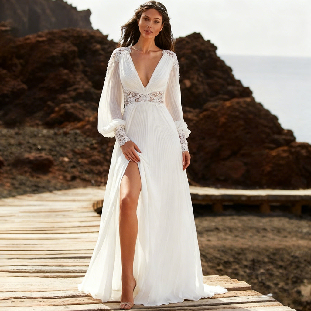 Boho A Linie Brautkleid mit Spitze Vintage Hochzeitskleid mit V Ausschnitt und langen Bischofsärmeln Strand Brautkleid 2-26W
