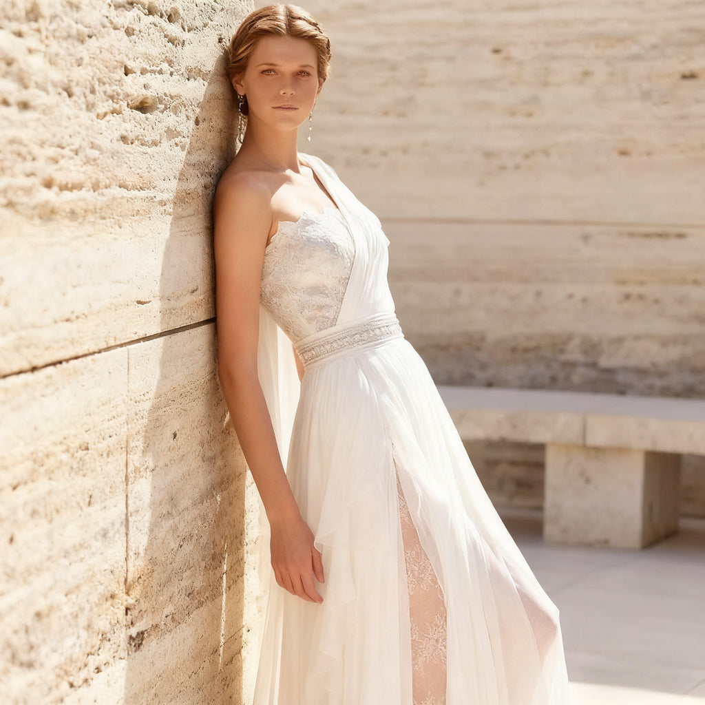 BHstyle Modernes One Shoulder Ball-Gown mit Spitze Beinschlitz Elegantes A Linie Ballkleid für Strandhochzeit und Anlassmode 2-26W