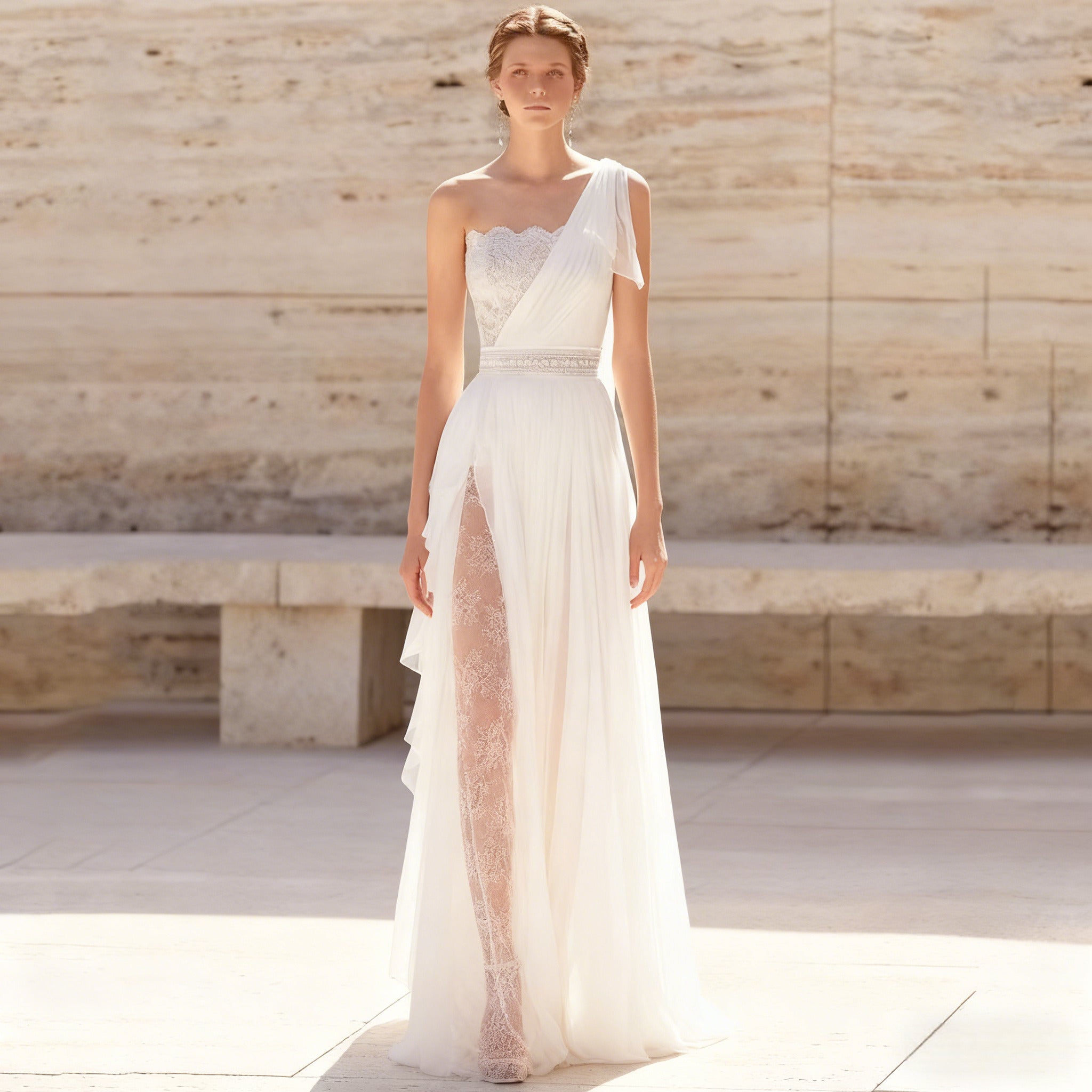 Modernes One Shoulder Brautkleid mit Spitze Beinschlitz Elegantes A Linie Hochzeitskleid für Strandhochzeit und Standesamt 2-26W