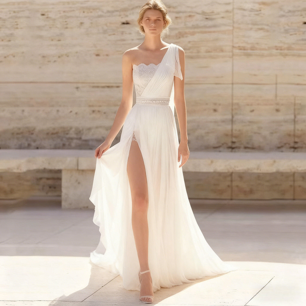 BHstyle Modernes One Shoulder Ball-Gown mit Spitze Beinschlitz Elegantes A Linie Ballkleid für Strandhochzeit und Anlassmode 2-26W