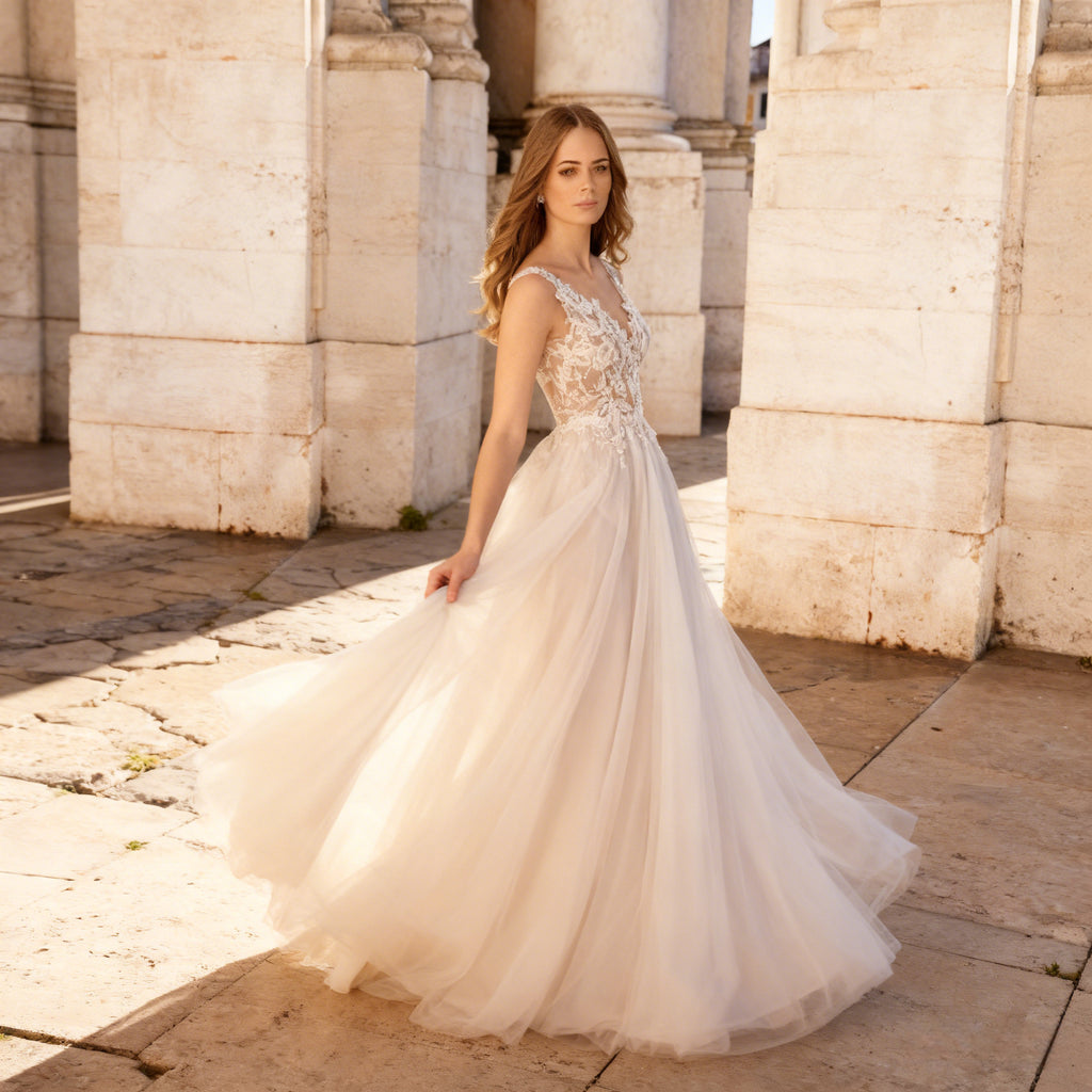 Boho A Linie Brautkleid mit floraler Spitze Prinzessin Hochzeitskleid mit V Ausschnitt und Tüllrock für Gartenhochzeit 2-26W