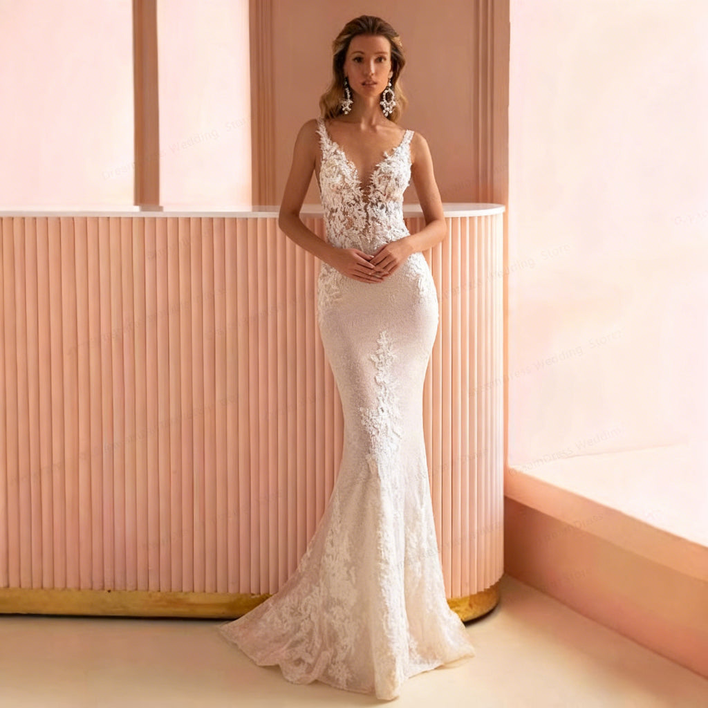 Sexy Meerjungfrau Brautkleid mit Spitze Rückenfrei Hochzeitskleid mit tiefem V Ausschnitt Flare Brautkleid für 2-26W