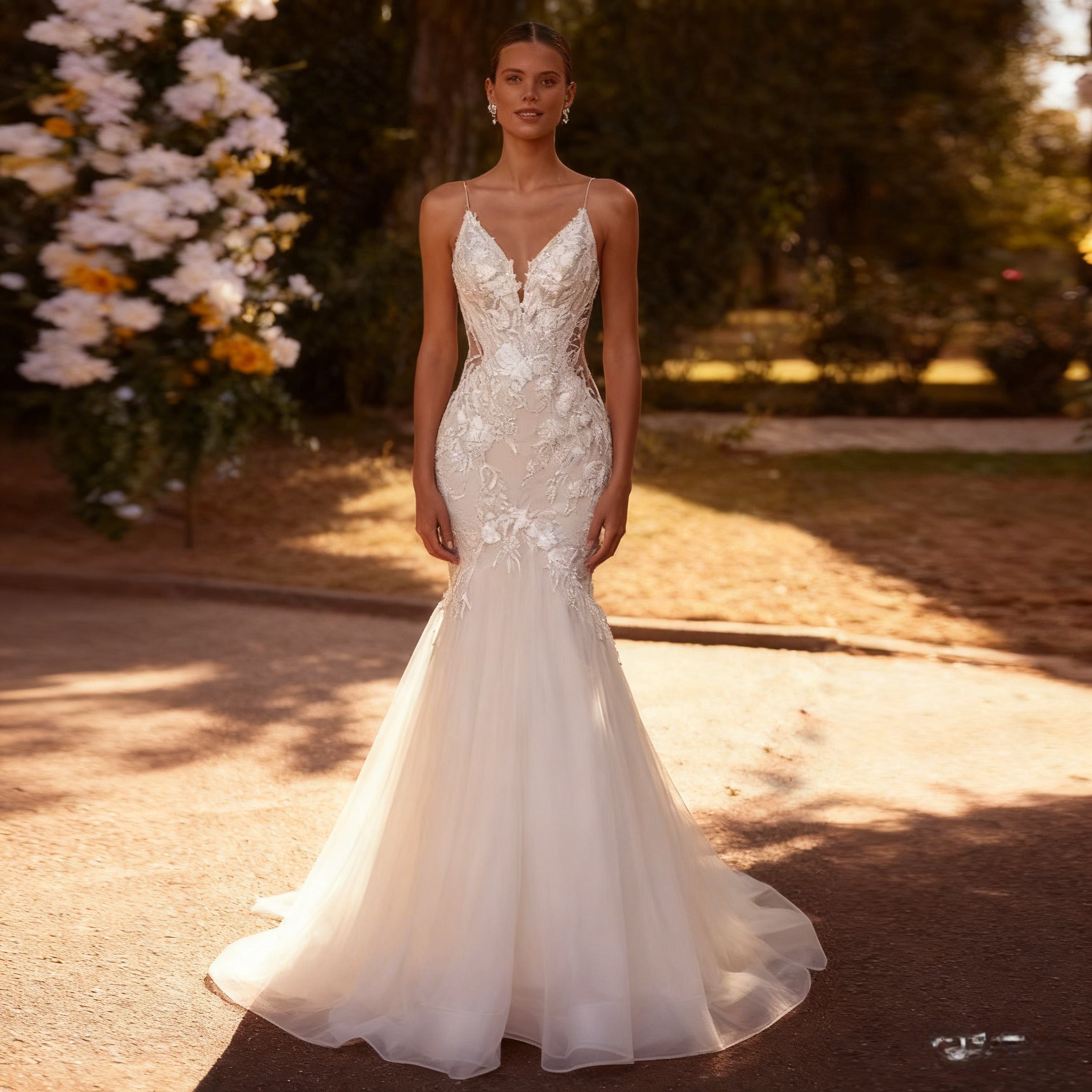 Verträumtes Meerjungfrau-Stil Brautkleid mit Carmen Ausschnitt Sexy A Linie Hochzeitskleid mit Spitze und Korsett 2-26W