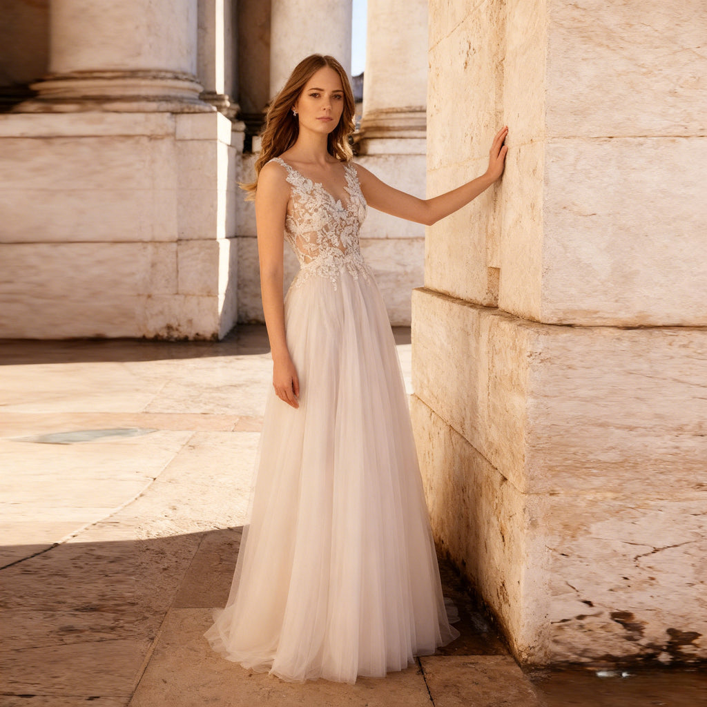 Boho A Linie Brautkleid mit floraler Spitze Prinzessin Hochzeitskleid mit V Ausschnitt und Tüllrock für Gartenhochzeit 2-26W