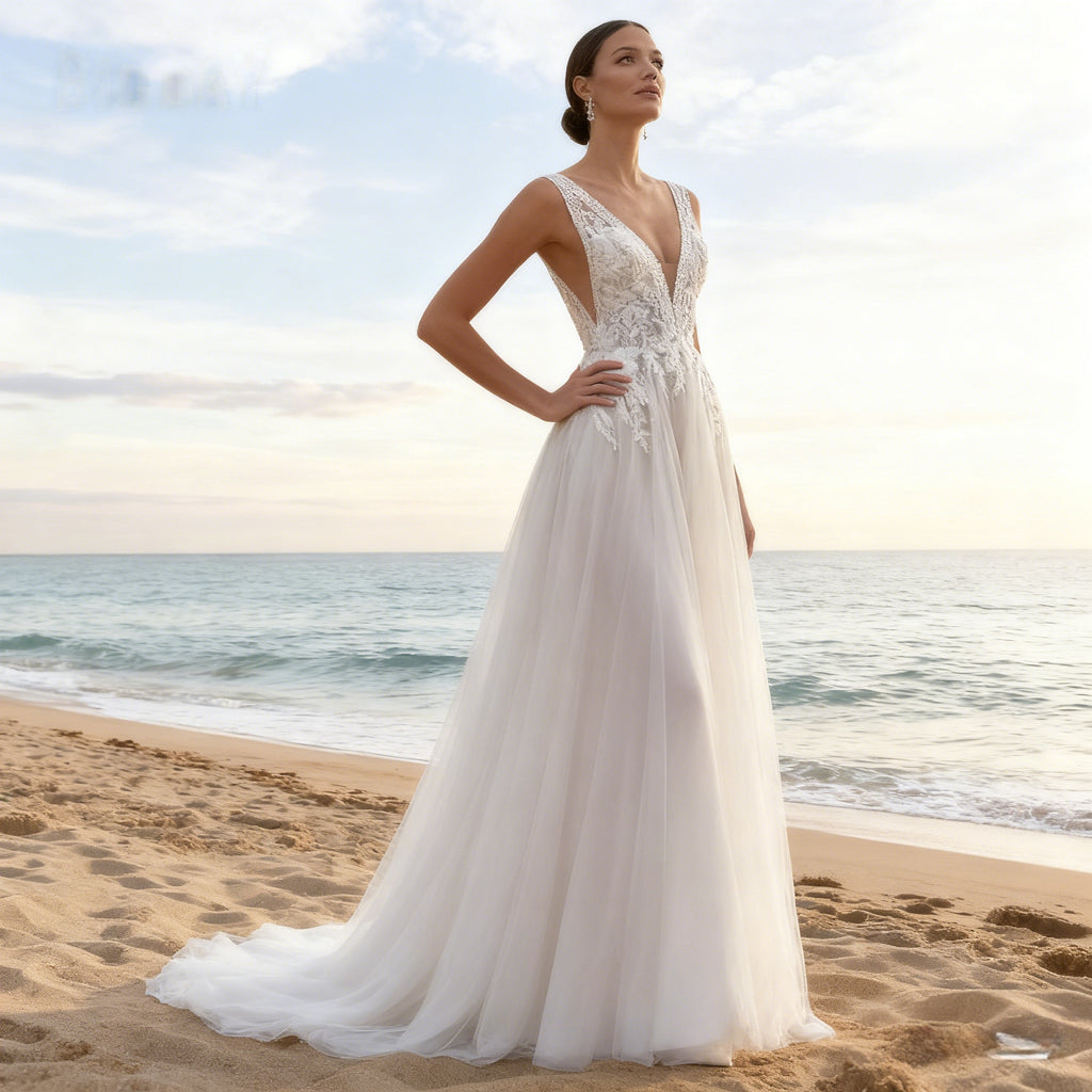 Märchenhaftes Prinzessin A Linie Brautkleid Tüll Romantisches Boho Hochzeitskleid mit V Ausschnitt 2-26W