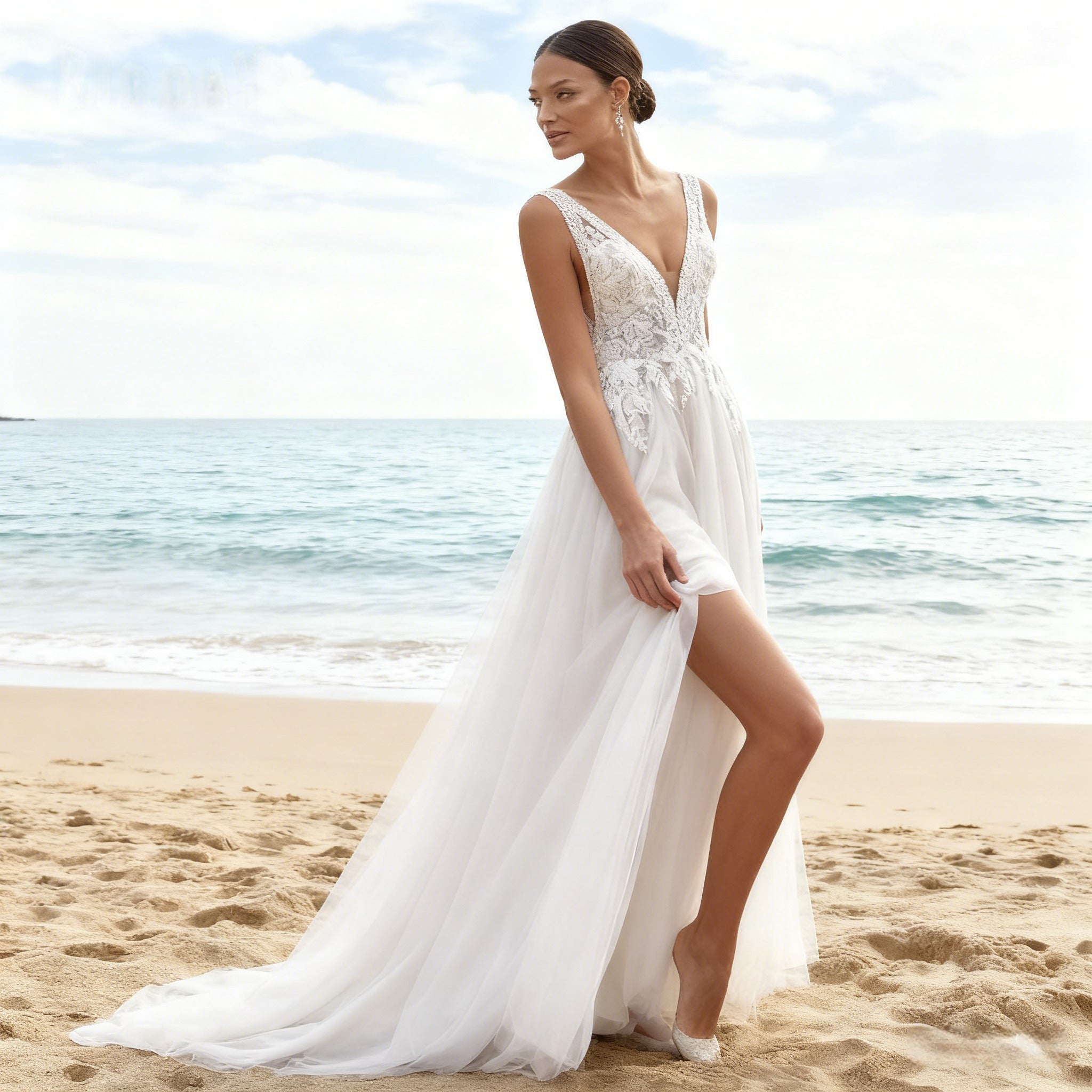 Märchenhaftes Prinzessin A Linie Brautkleid Tüll Romantisches Boho Hochzeitskleid mit V Ausschnitt 2-26W