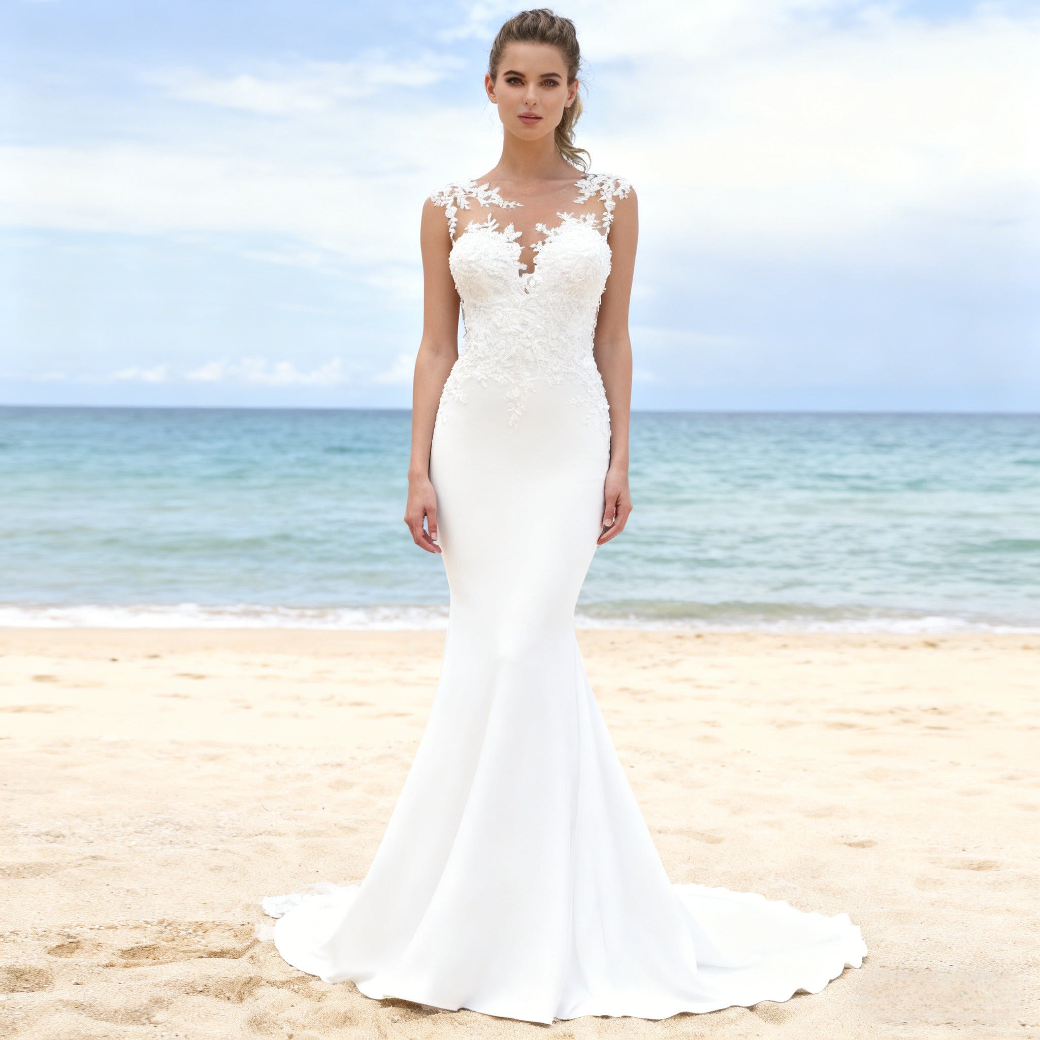 Meerjungfrau Brautkleid mit Spitze Vintage Hochzeitskleid Langarm Sexy Illusions Ausschnitt Boho Standesamt 2-26W