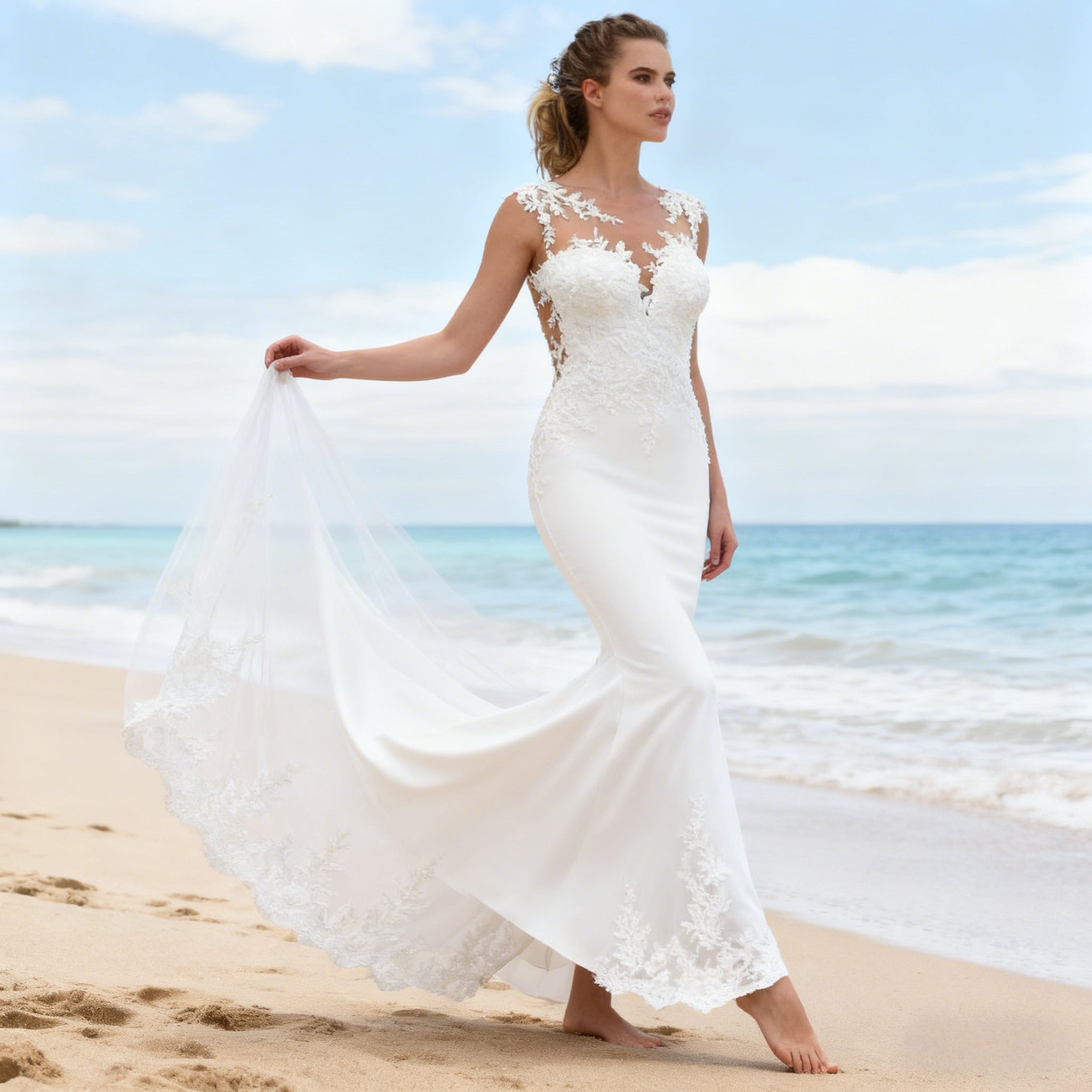 Meerjungfrau Brautkleid mit Spitze Vintage Hochzeitskleid Langarm Sexy Illusions Ausschnitt Boho Standesamt 2-26W