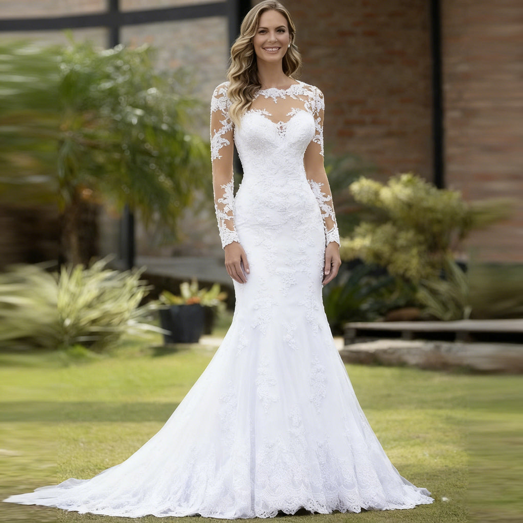 Meerjungfrau Brautkleid mit Langarm Vintage Hochzeitskleid mit Spitze Sexy Illusions Ausschnitt Boho Elegant 2-26W