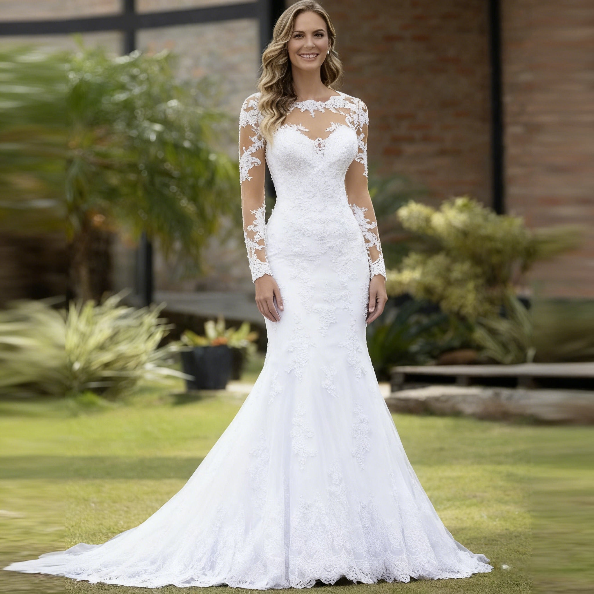 Meerjungfrau Brautkleid mit Langarm Vintage Hochzeitskleid mit Spitze Sexy Illusions Ausschnitt Boho Elegant 2-26W