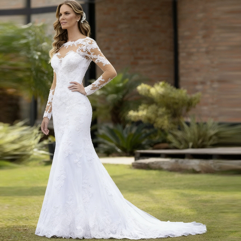 Meerjungfrau Brautkleid mit Langarm Vintage Hochzeitskleid mit Spitze Sexy Illusions Ausschnitt Boho Elegant 2-26W