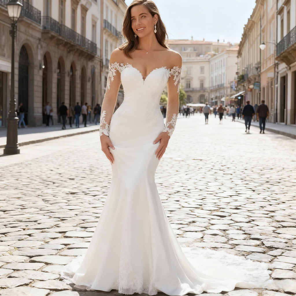 Sexy Meerjungfrau Brautkleid Off Shoulder Hochzeitskleid mit Spitze Langarm Elegant Standesamt Modern 2-26W