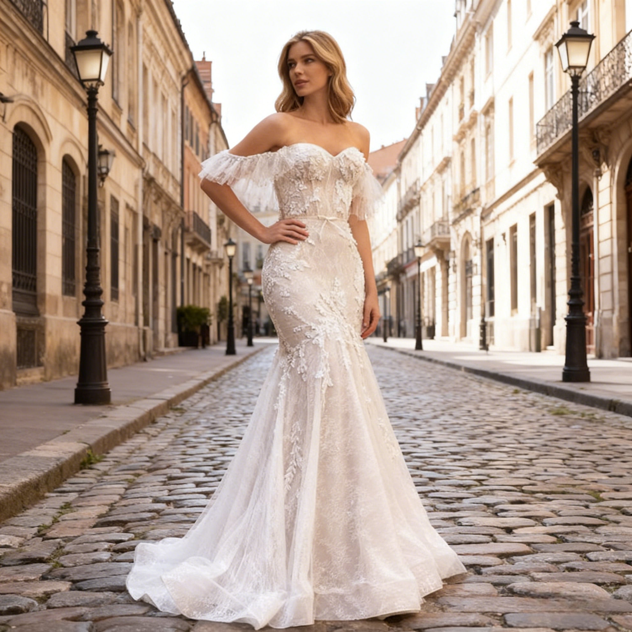 Sexy Meerjungfrau Brautkleid mit Carmen Ausschnitt Boho Hochzeitskleid mit Spitze Romantisch Vintage Elegant 2-26W