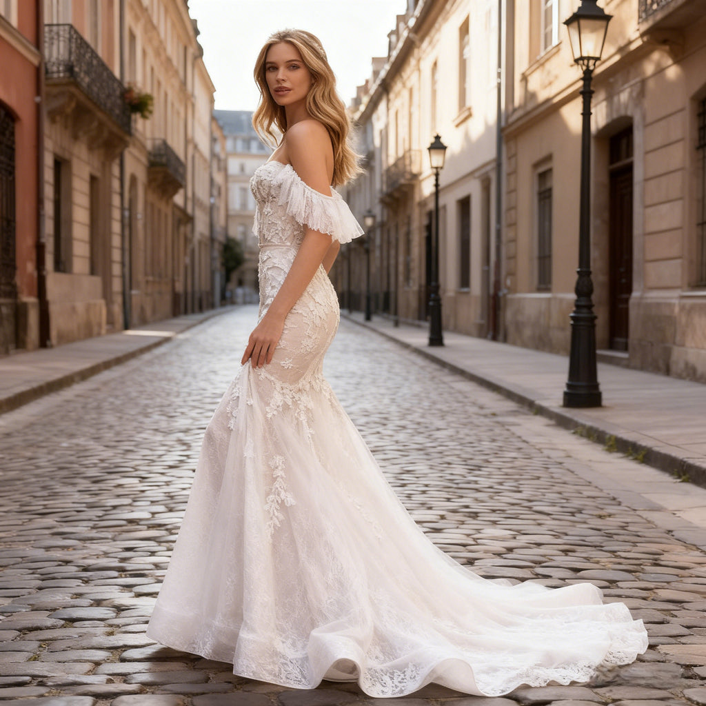 Sexy Meerjungfrau Brautkleid mit Carmen Ausschnitt Boho Hochzeitskleid mit Spitze Romantisch Vintage Elegant 2-26W