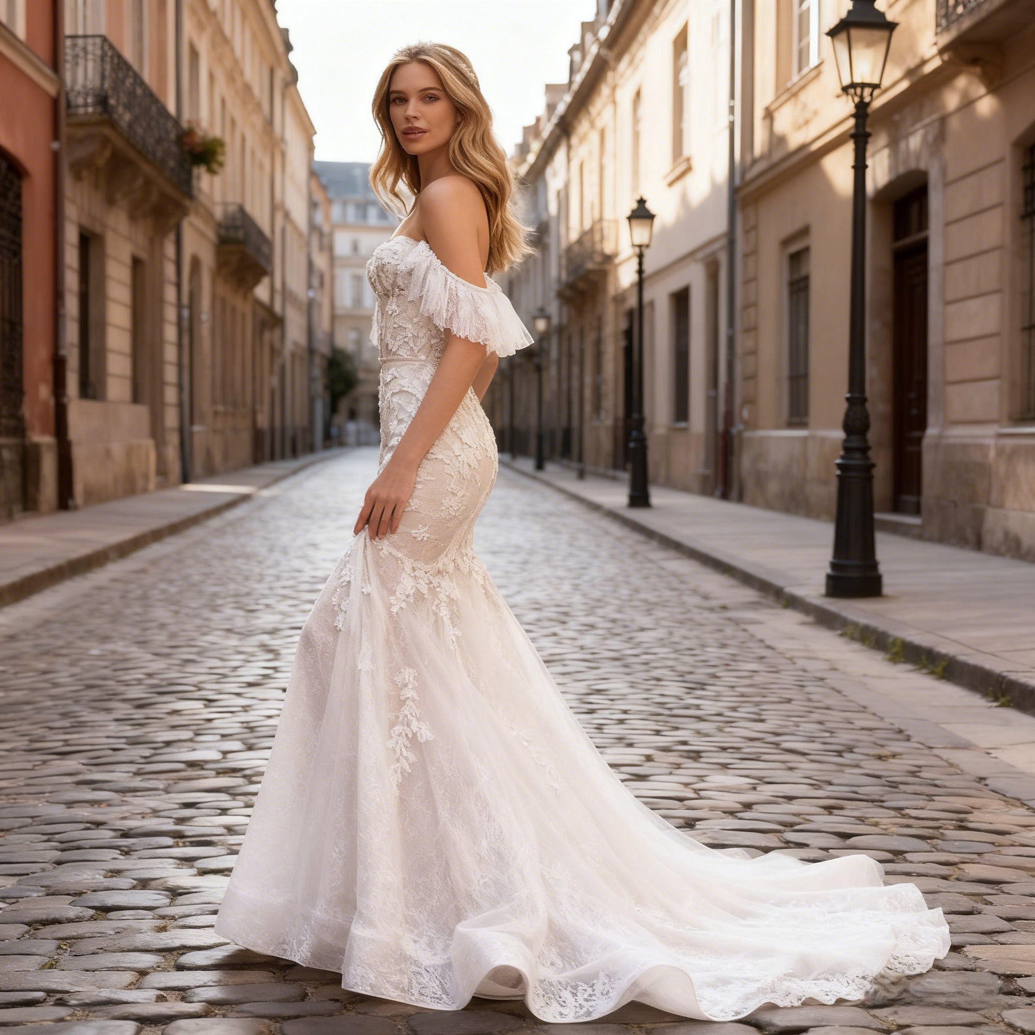 Sexy Meerjungfrau Brautkleid mit Carmen Ausschnitt Boho Hochzeitskleid mit Spitze Romantisch Vintage Elegant 2-26W