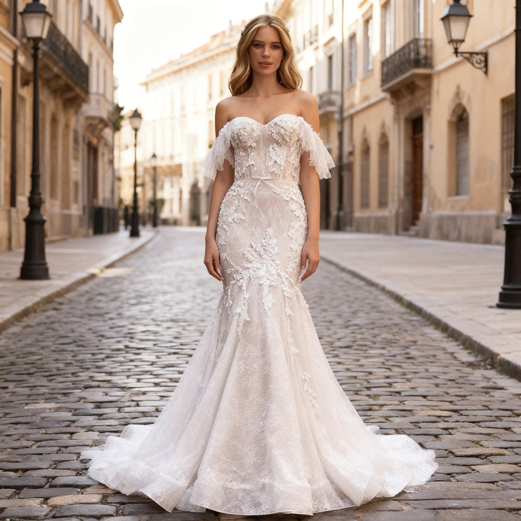 Sexy Meerjungfrau Brautkleid mit Carmen Ausschnitt Boho Hochzeitskleid mit Spitze Romantisch Vintage Elegant 2-26W