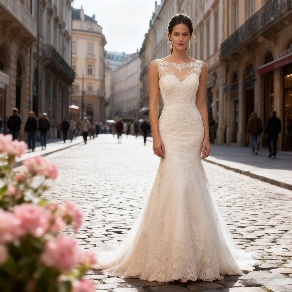 Klassisches Meerjungfrau Brautkleid mit Spitze U Boot Ausschnitt Elegantes Hochzeitskleid Sexy Rückenfrei 2-26W