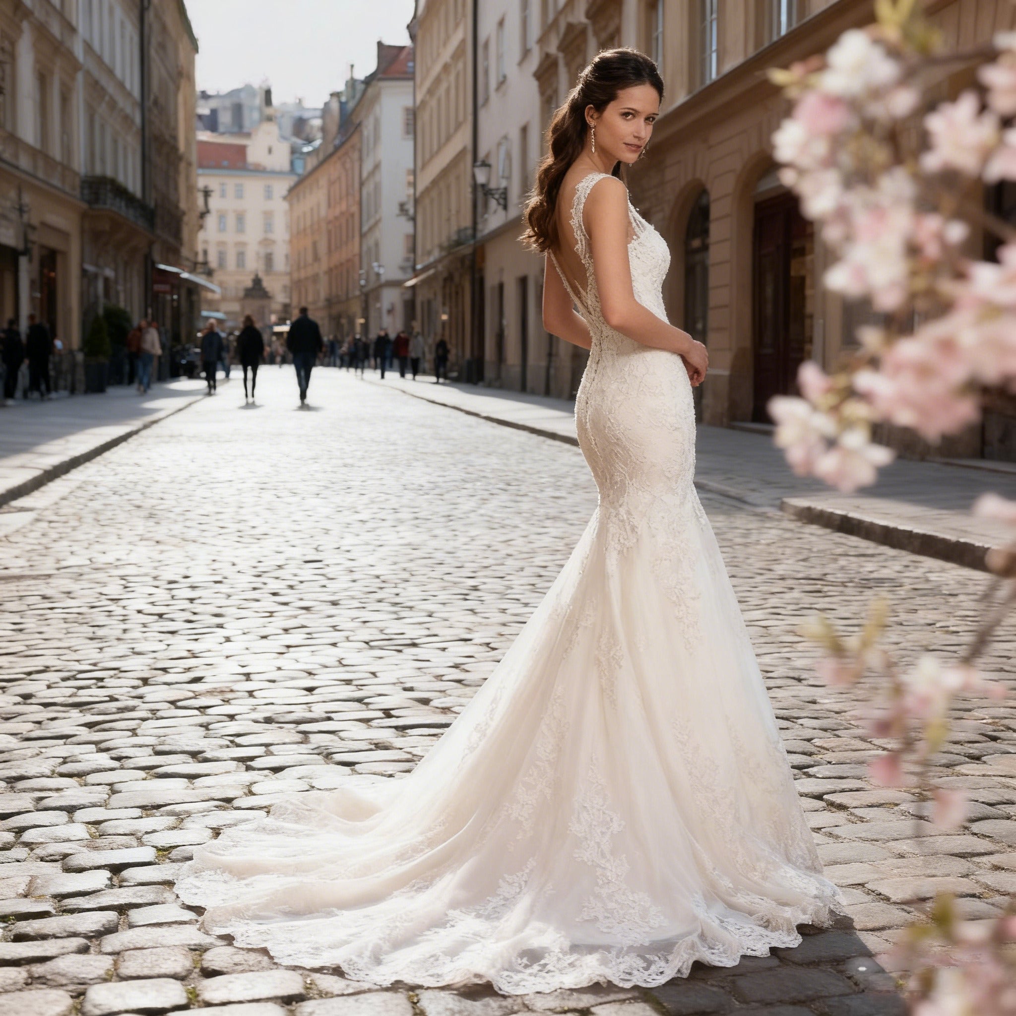 Klassisches Meerjungfrau Brautkleid mit Spitze U Boot Ausschnitt Elegantes Hochzeitskleid Sexy Rückenfrei 2-26W