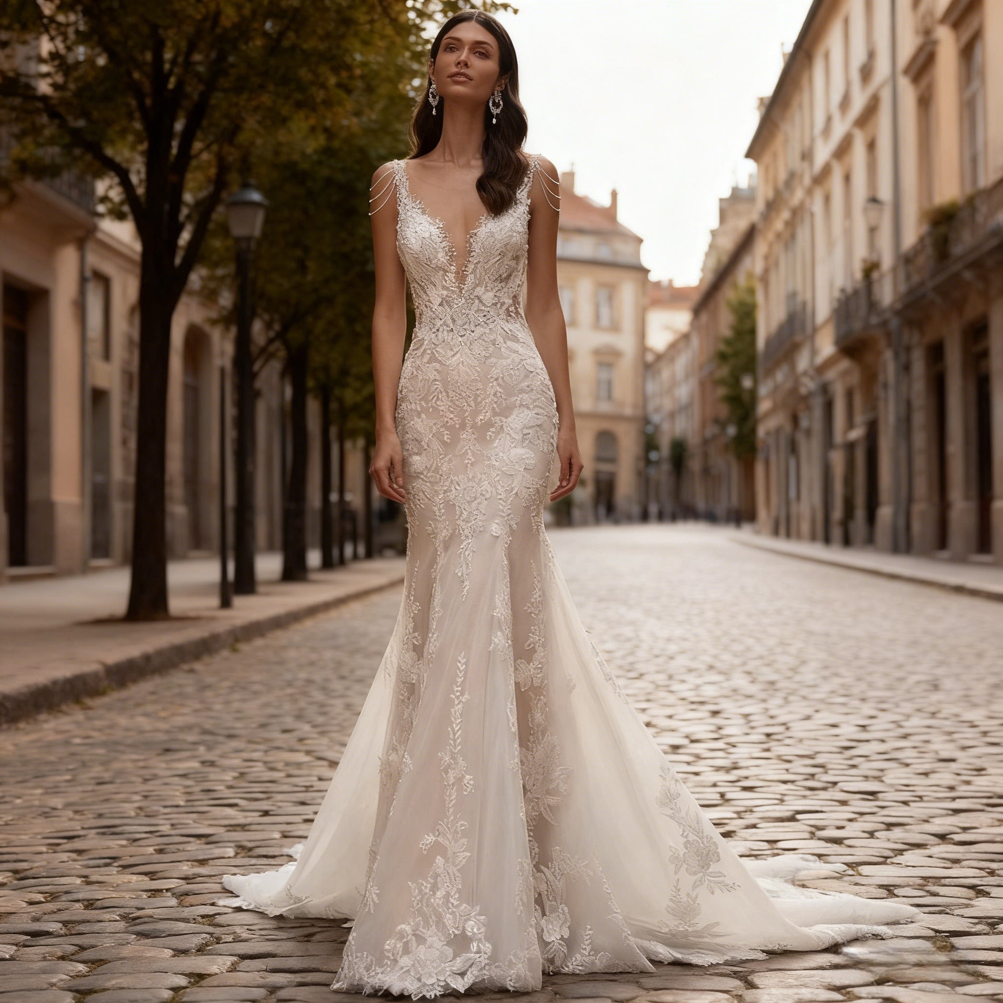 Luxus Meerjungfrau Brautkleid Spitze V Ausschnitt Perlenketten Hochzeitskleid Champagner Boho Glamour 2-26W