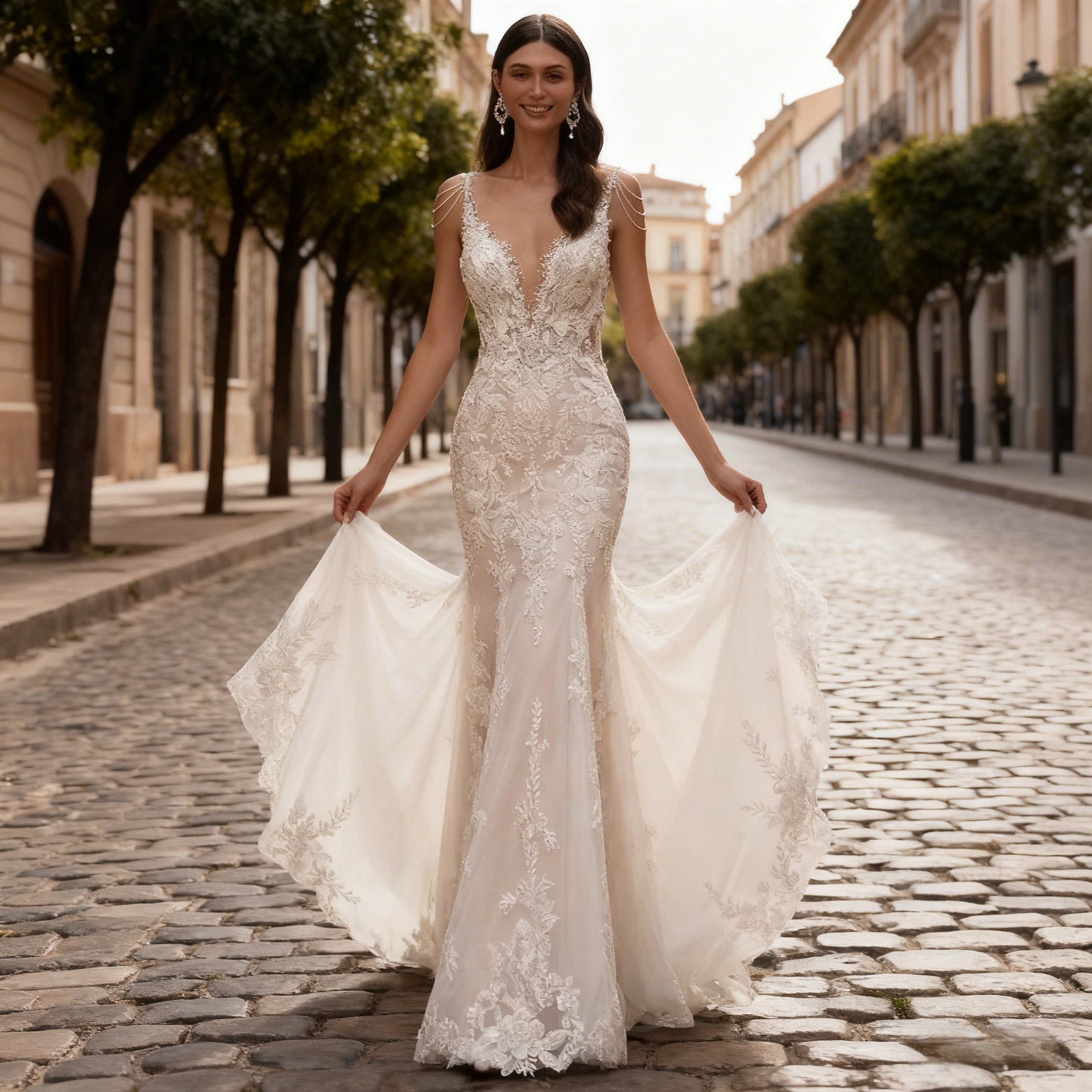 Luxus Meerjungfrau Brautkleid Spitze V Ausschnitt Perlenketten Hochzeitskleid Champagner Boho Glamour 2-26W