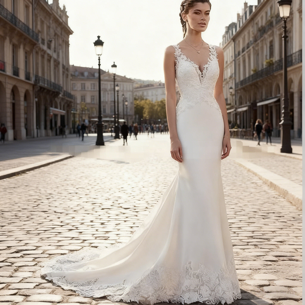Modernes Meerjungfrau Brautkleid Spitze V Ausschnitt Elegantes Hochzeitskleid Sexy Rückenfrei Standesamt 2-26W