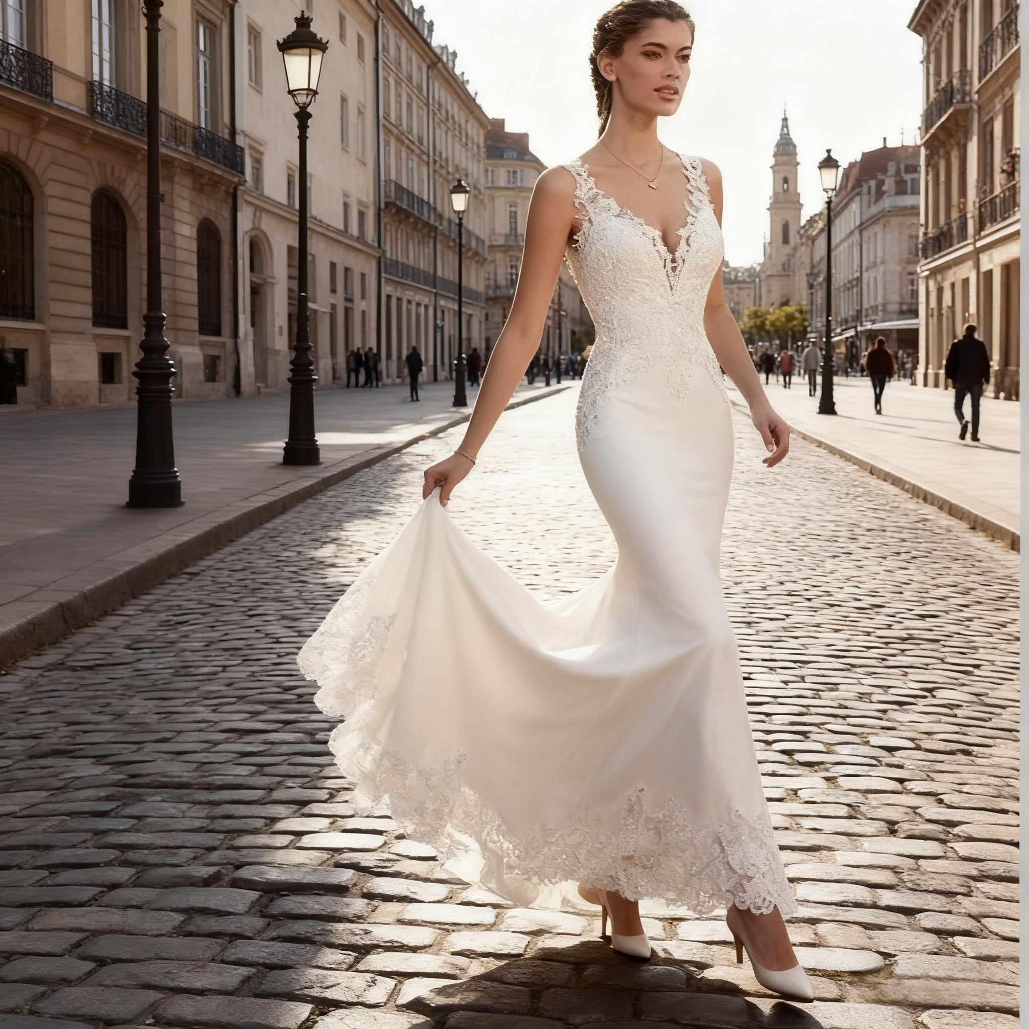 Modernes Meerjungfrau Brautkleid Spitze V Ausschnitt Elegantes Hochzeitskleid Sexy Rückenfrei Standesamt 2-26W