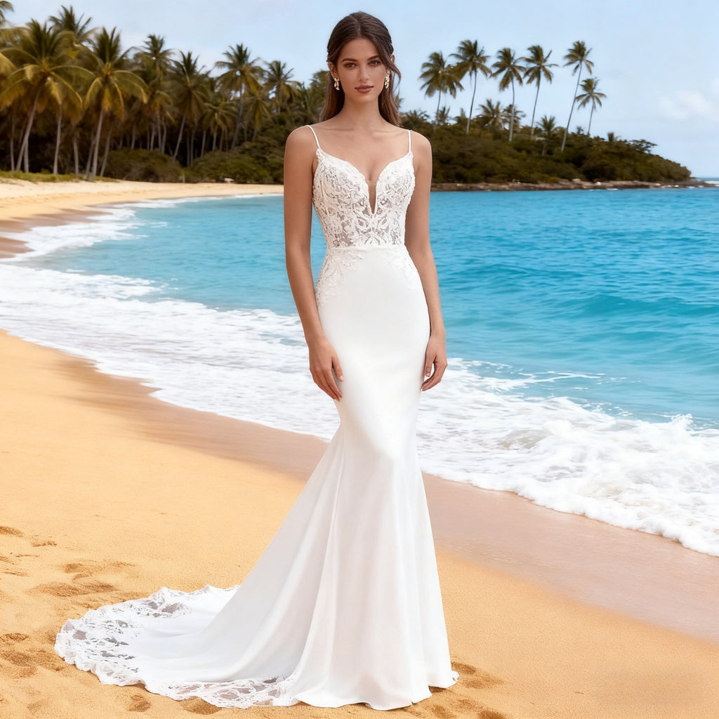 Modernes Meerjungfrau Brautkleid Spitze U Boot Ausschnitt Elegantes Hochzeitskleid Sexy Rückenfrei 2-26W