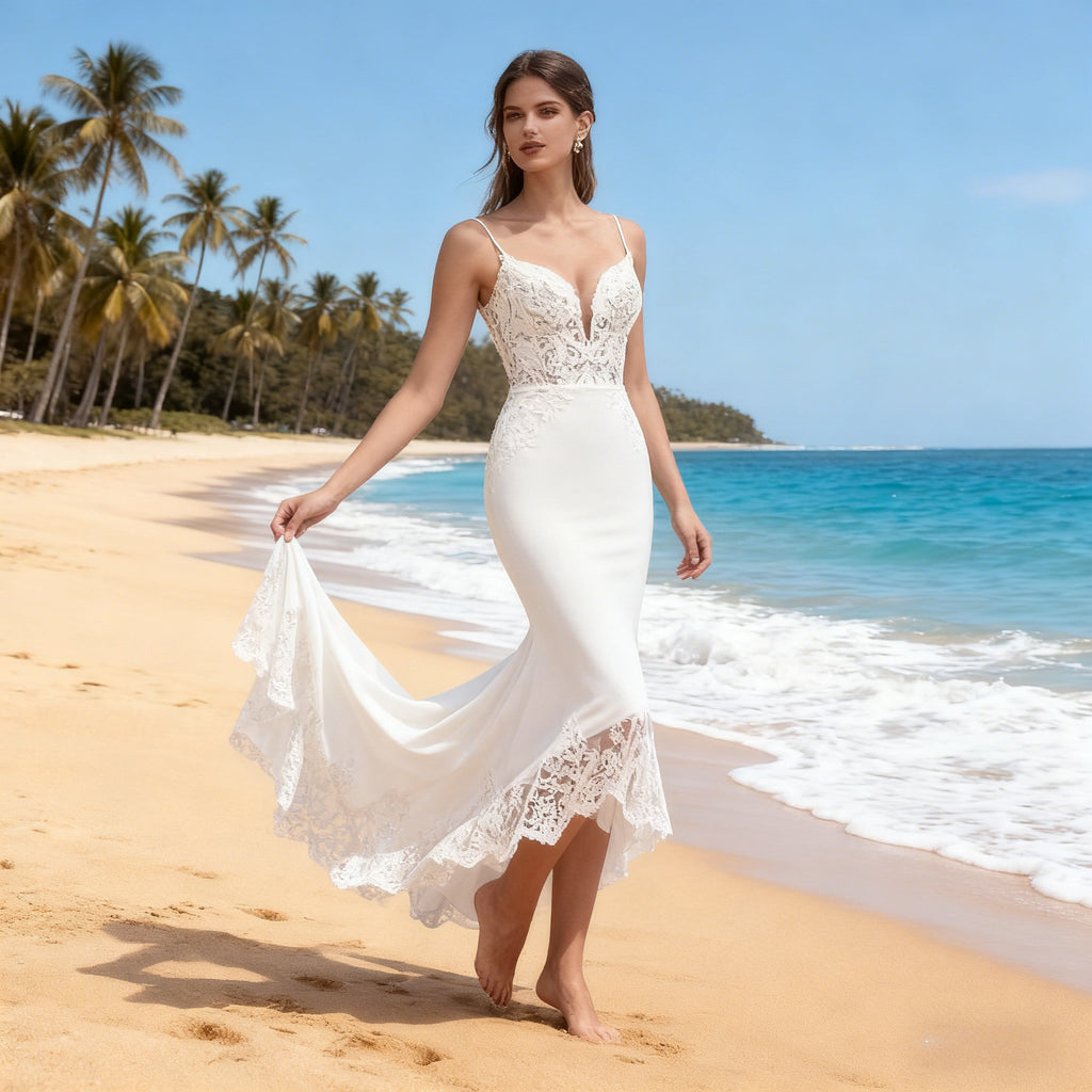 Modernes Meerjungfrau Brautkleid Spitze U Boot Ausschnitt Elegantes Hochzeitskleid Sexy Rückenfrei 2-26W