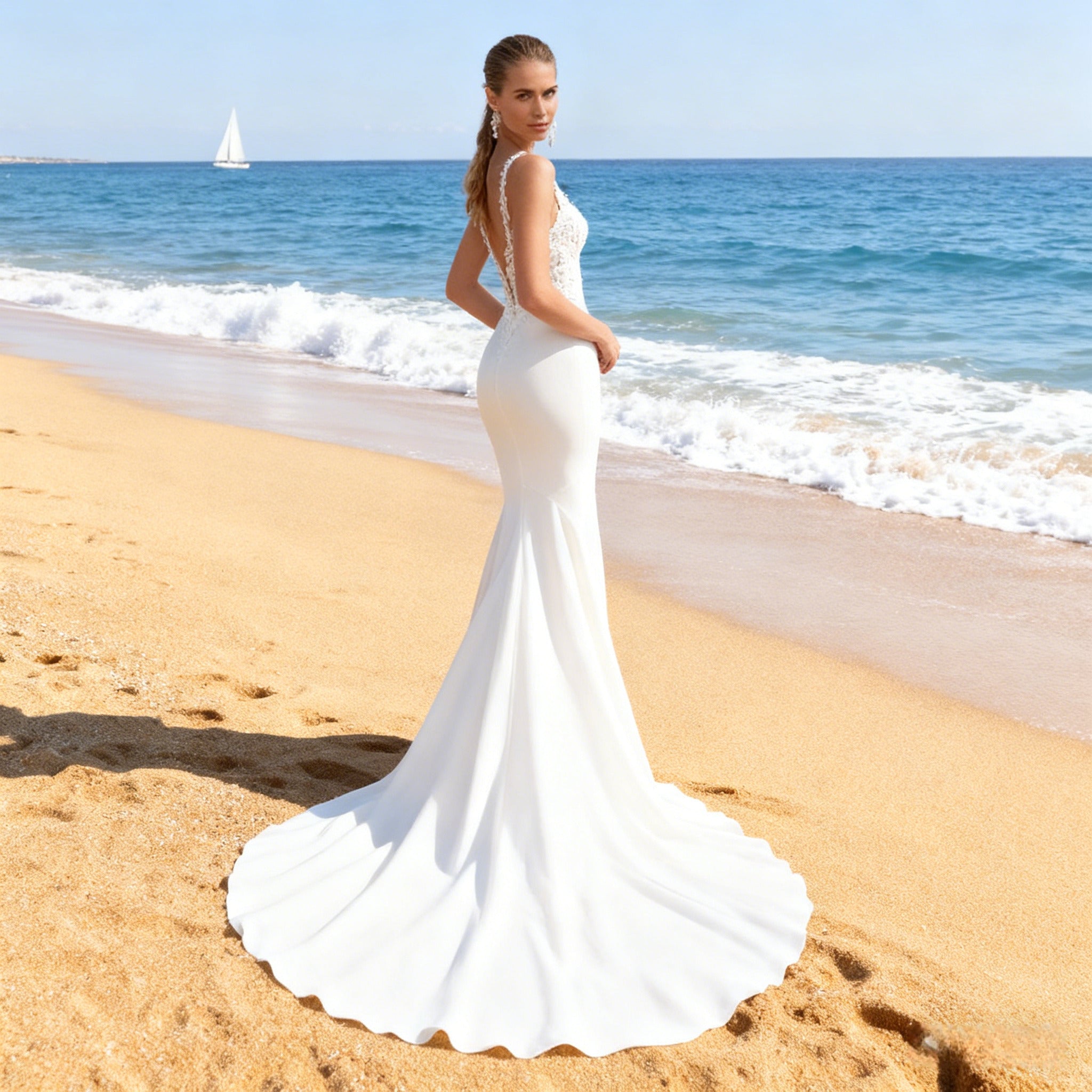 Luxus Meerjungfrau Brautkleid Spitze V Ausschnitt Hochzeitskleid Champagner Boho Glamour 2-26W