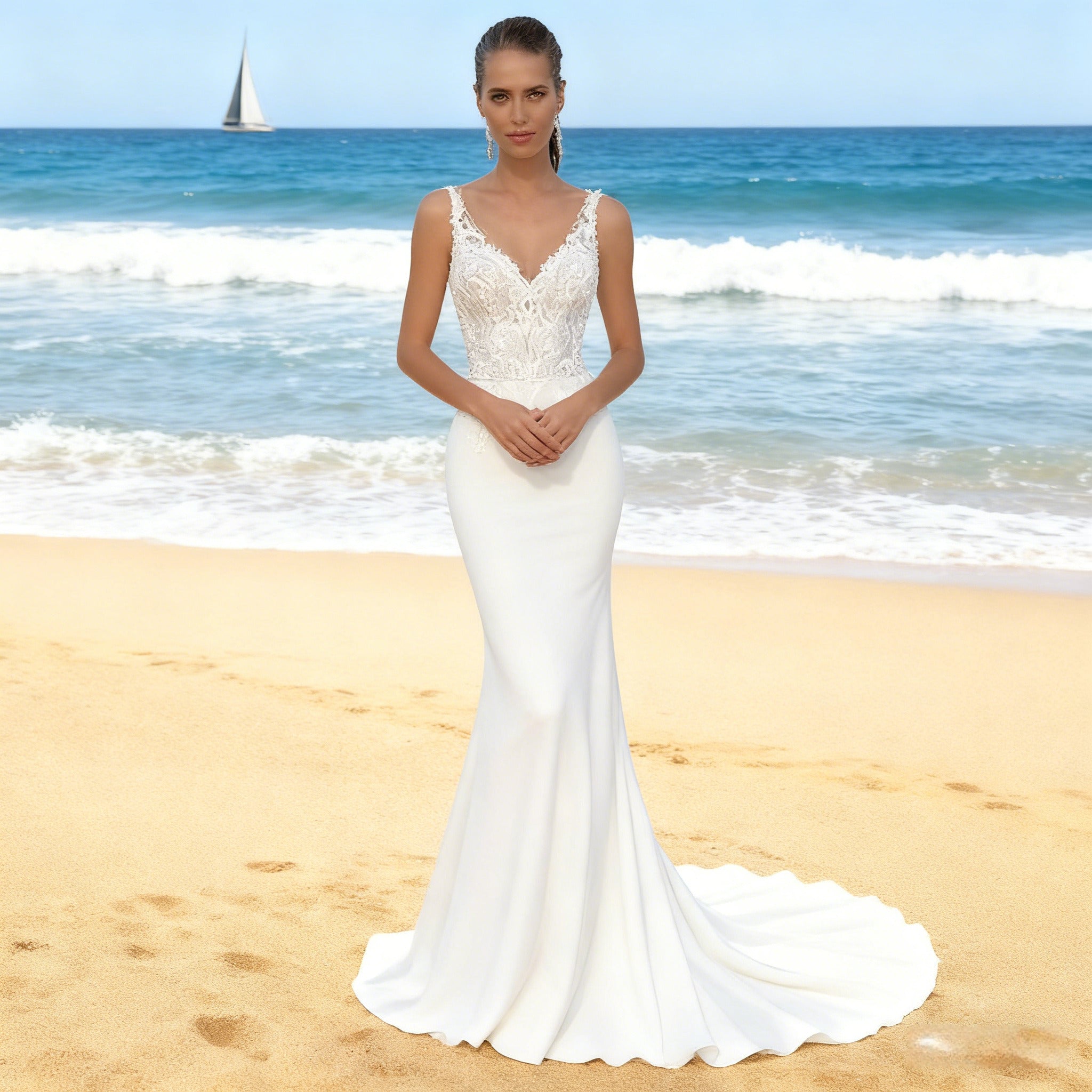 Luxus Meerjungfrau Brautkleid Spitze V Ausschnitt Hochzeitskleid Champagner Boho Glamour 2-26W