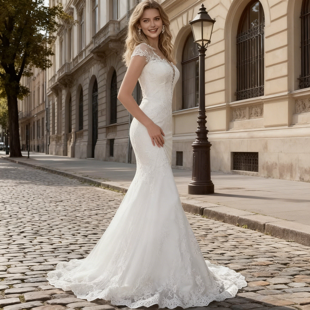 Sexy Meerjungfrau Brautkleid Rückenfrei Spitze Hochzeitskleid Modern Elegant Standesamt 2-26W