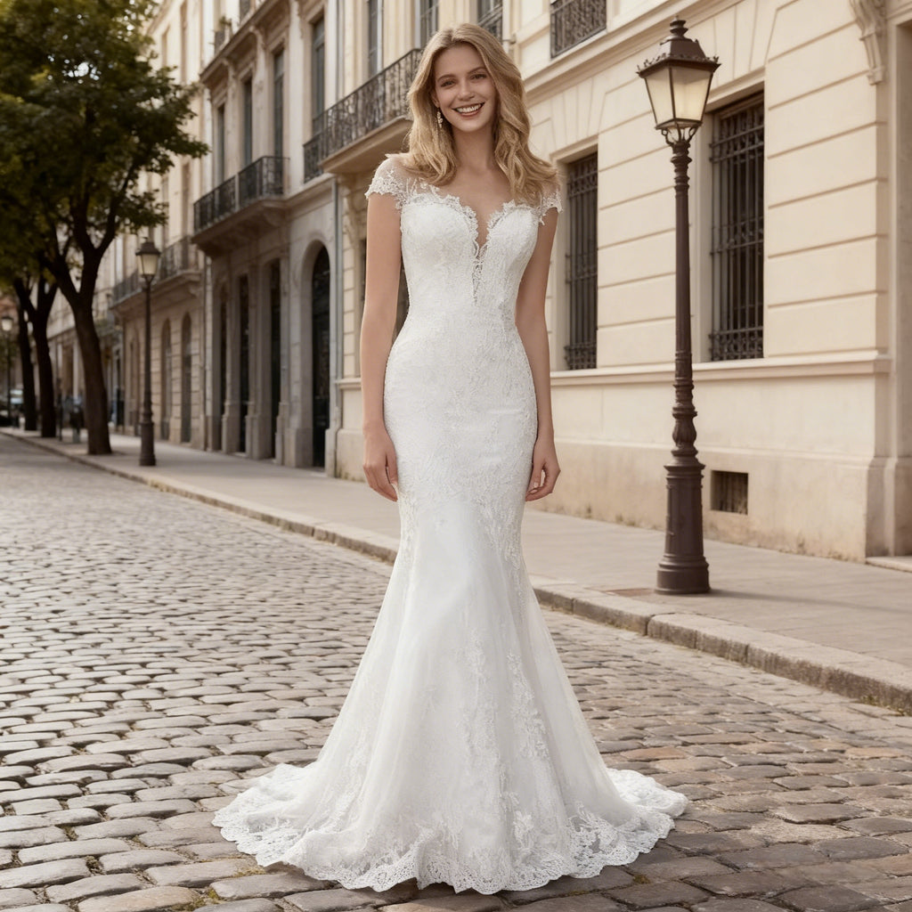 Sexy Meerjungfrau Brautkleid Rückenfrei Spitze Hochzeitskleid Modern Elegant Standesamt 2-26W