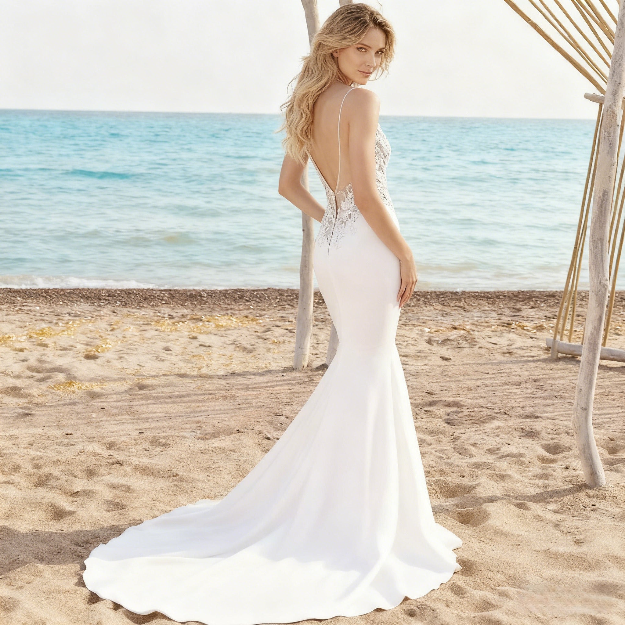 Sexy Meerjungfrau Brautkleid Rückenfrei Spitze Knopfleiste Modern Elegant Standesamt 2-26W