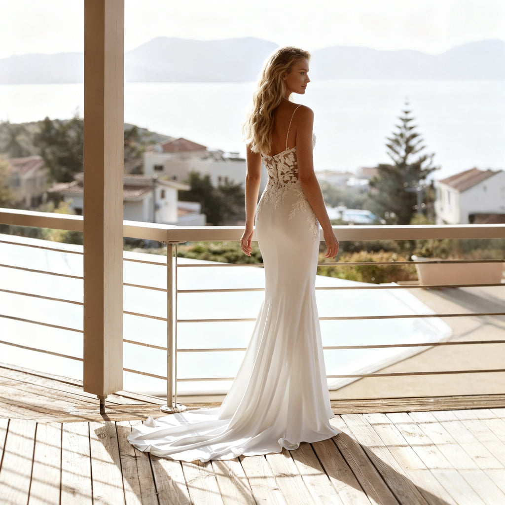 Modernes Meerjungfrau Brautkleid Sexy V Ausschnitt Spitze Hochzeitskleid Rückenfrei Weiß Standesamt 2-26W