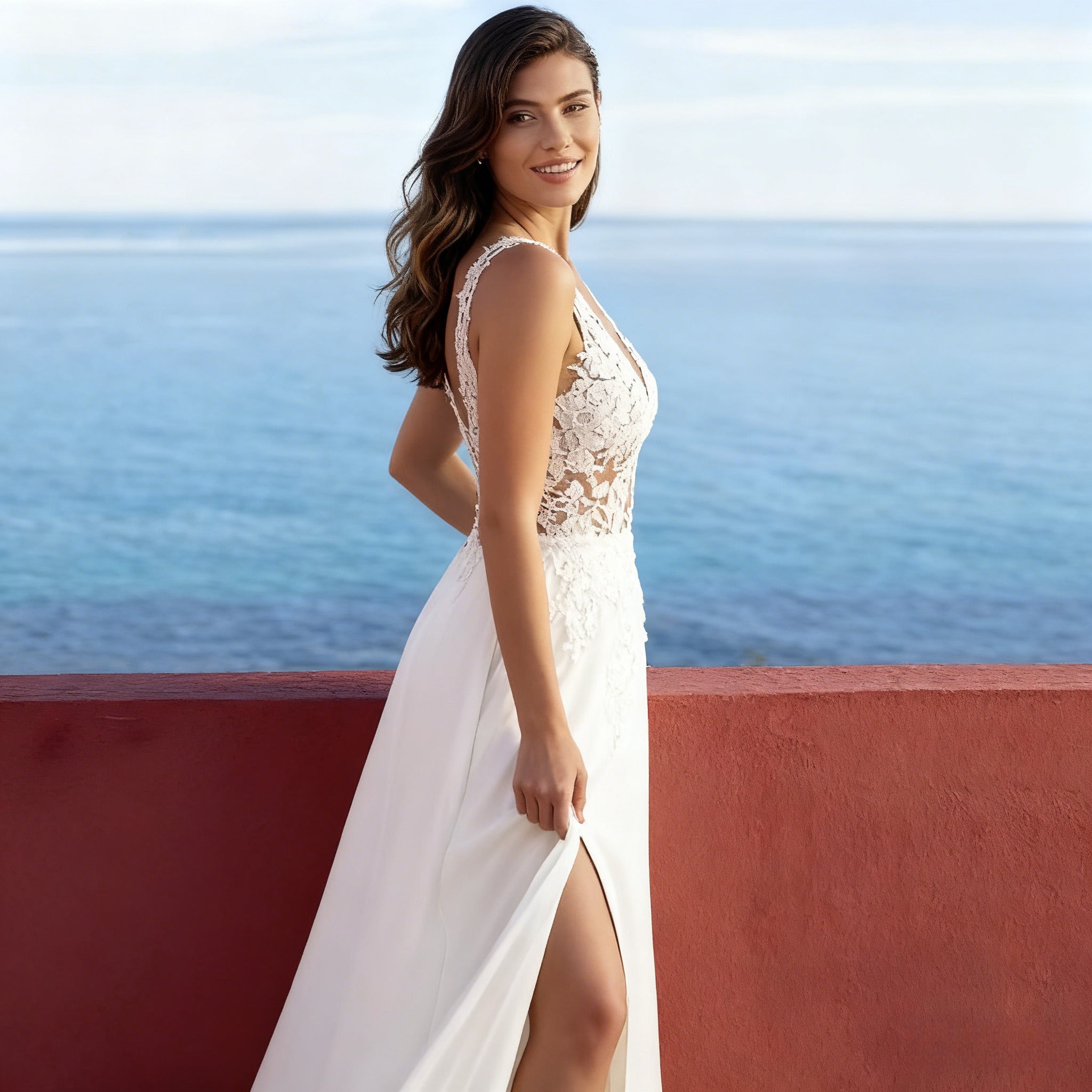 Sexy A-Linie Brautkleid Beinschlitz Spitze V Ausschnitt Hochzeitskleid Boho Strand Modern Weiß 2-26W