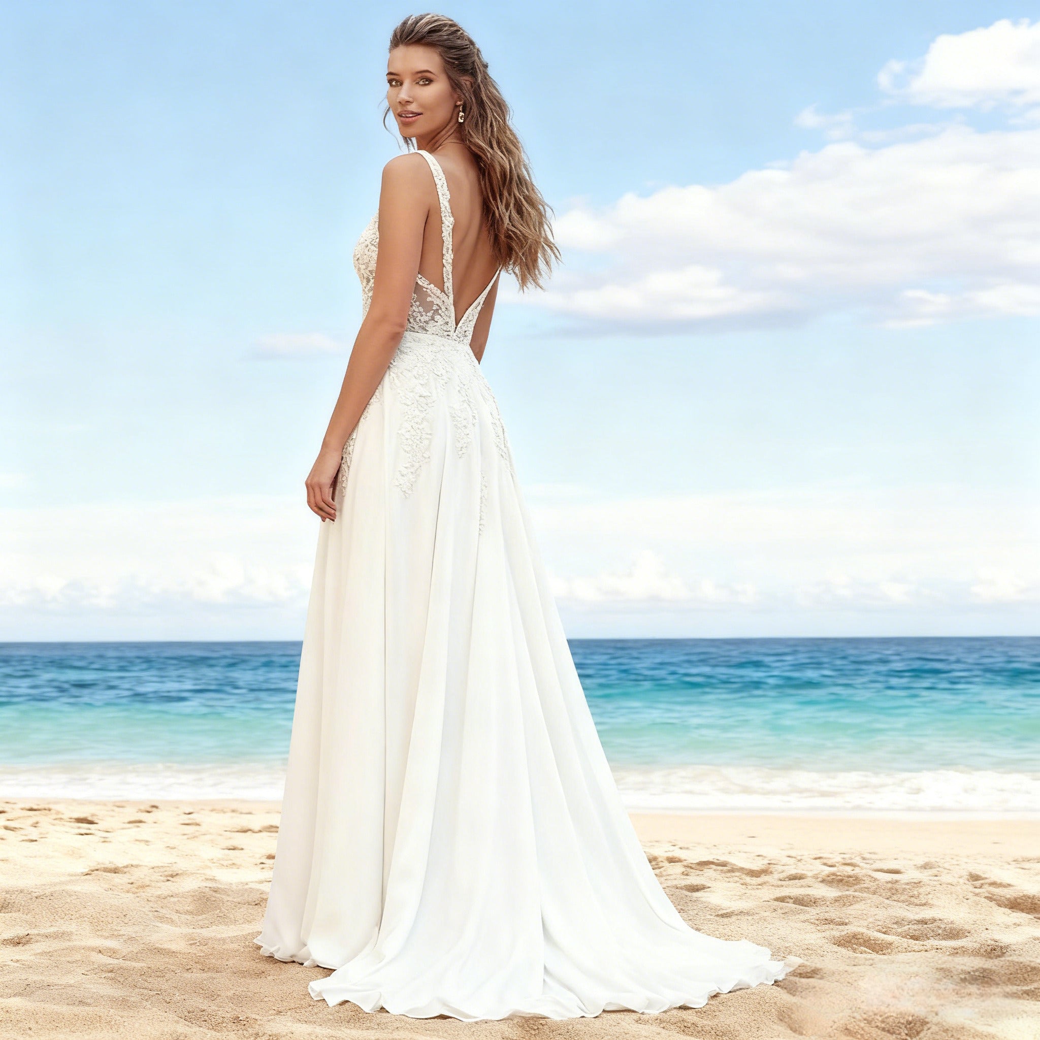 Romantisches A-Linie Brautkleid Spitze V Ausschnitt Tüll Hochzeitskleid Modern Boho Elegant Weiß 2-26W