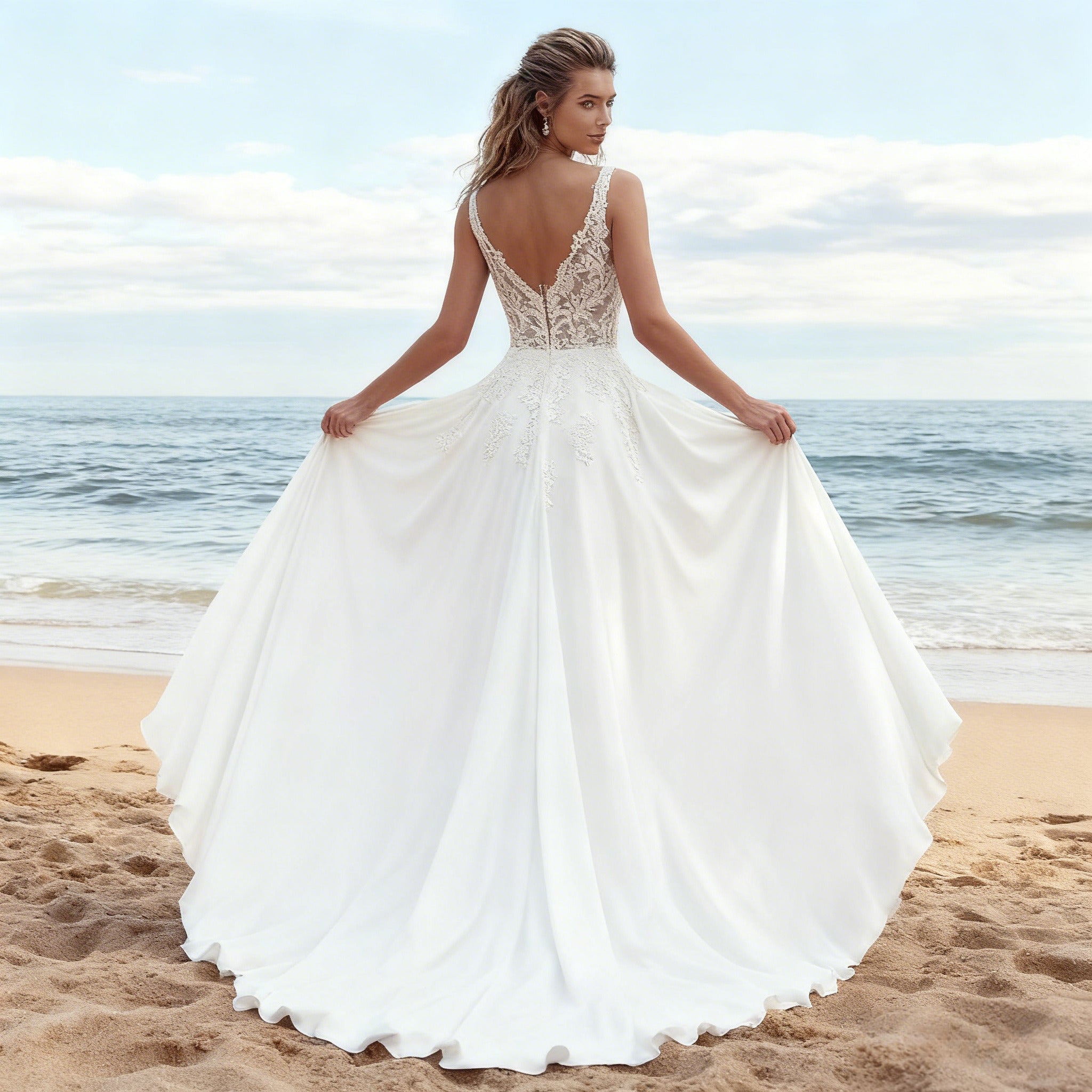 Romantisches A-Linie Brautkleid Spitze V Ausschnitt Tüll Hochzeitskleid Modern Boho Elegant Weiß 2-26W