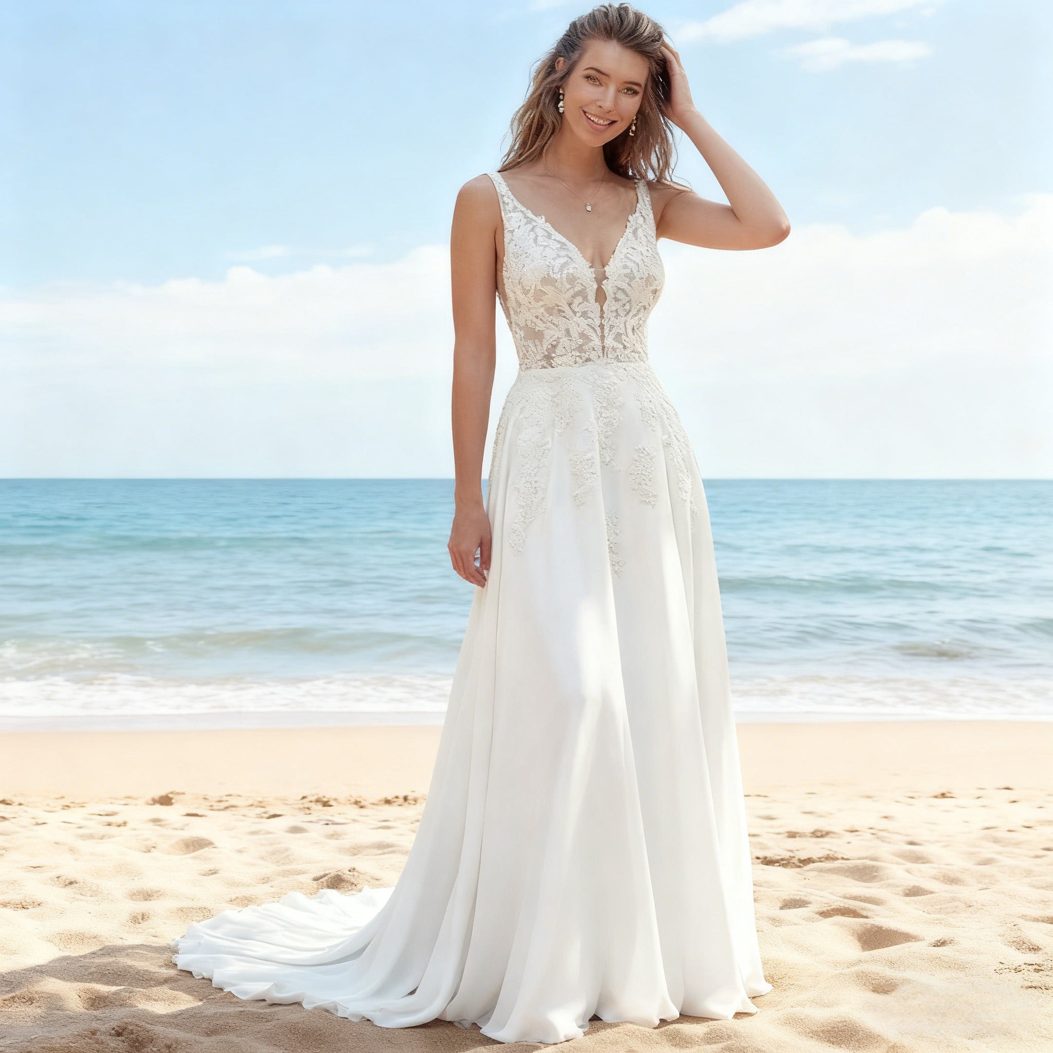 Romantisches A-Linie Brautkleid Spitze V Ausschnitt Tüll Hochzeitskleid Modern Boho Elegant Weiß 2-26W